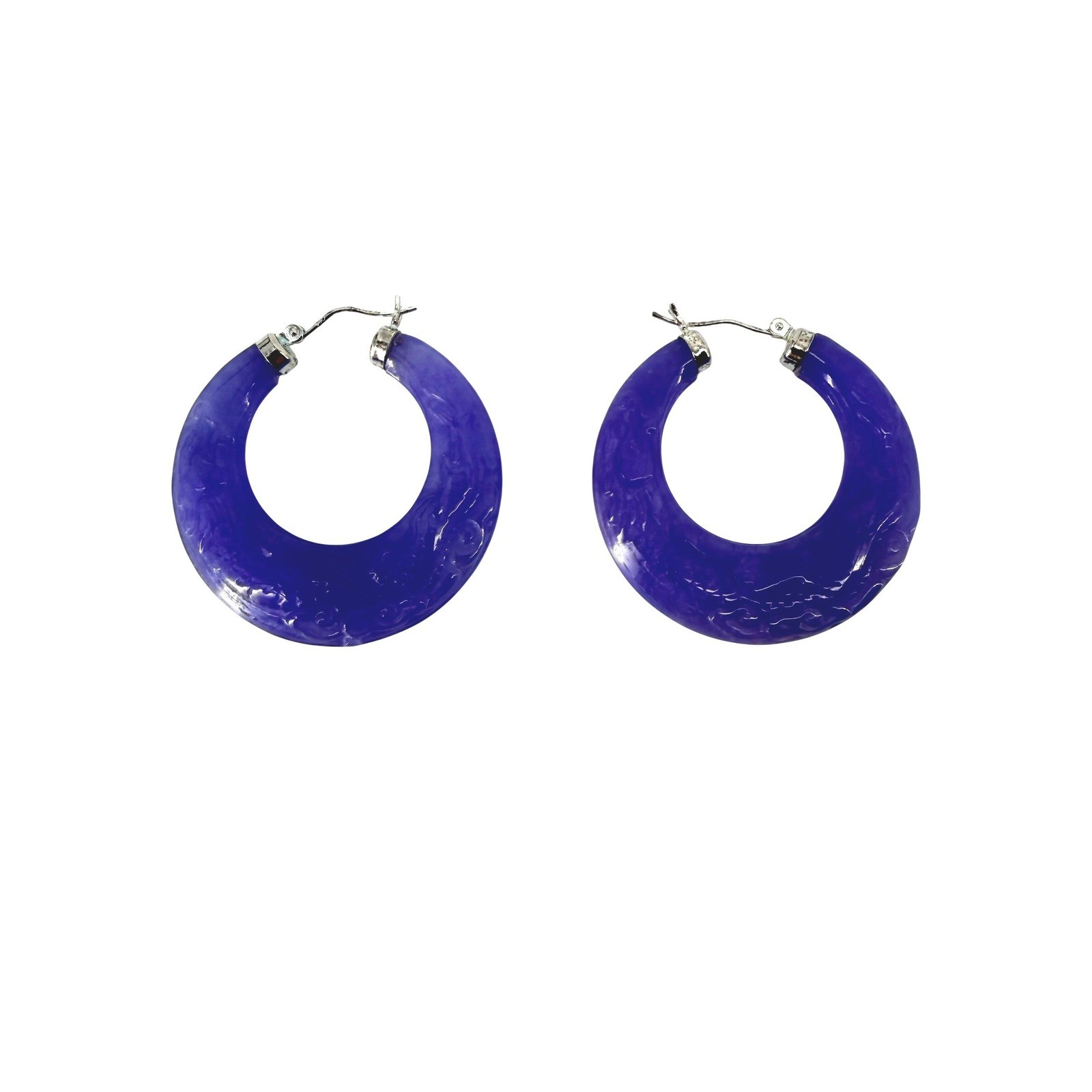 Purple Carved Jadeite Hoop Earrings Sterling Silver Latch Back Statement