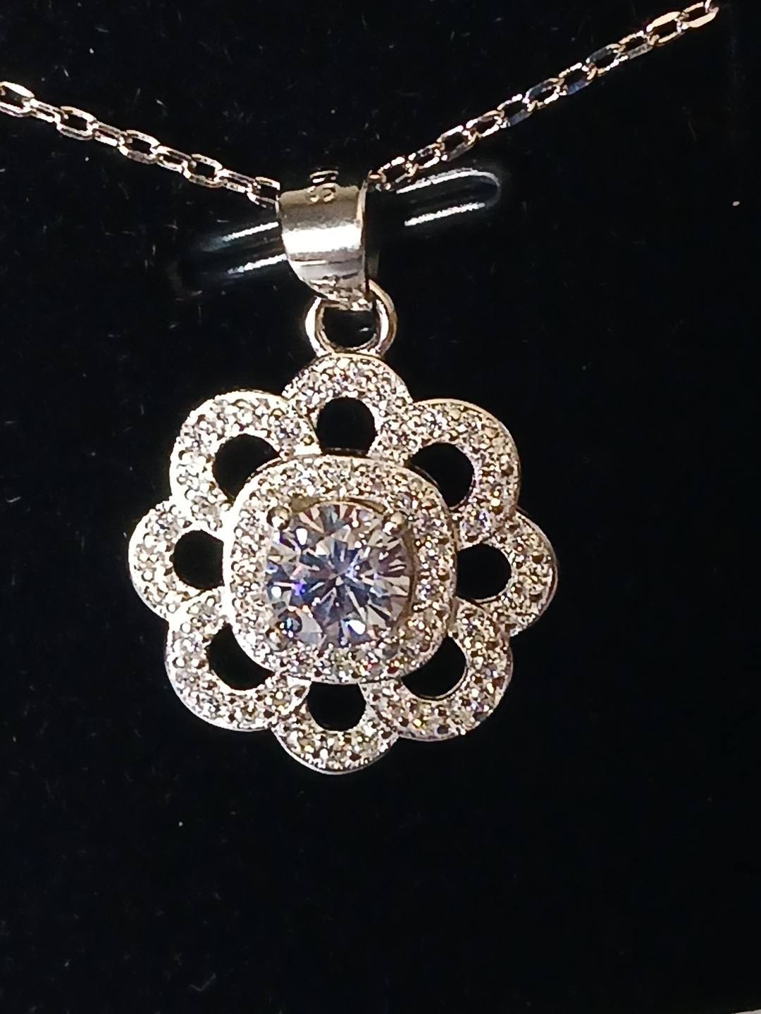 Moissanite Flower Shaped Pendant .8ct, 15-17″, Rhodium Platinum Over Sterling