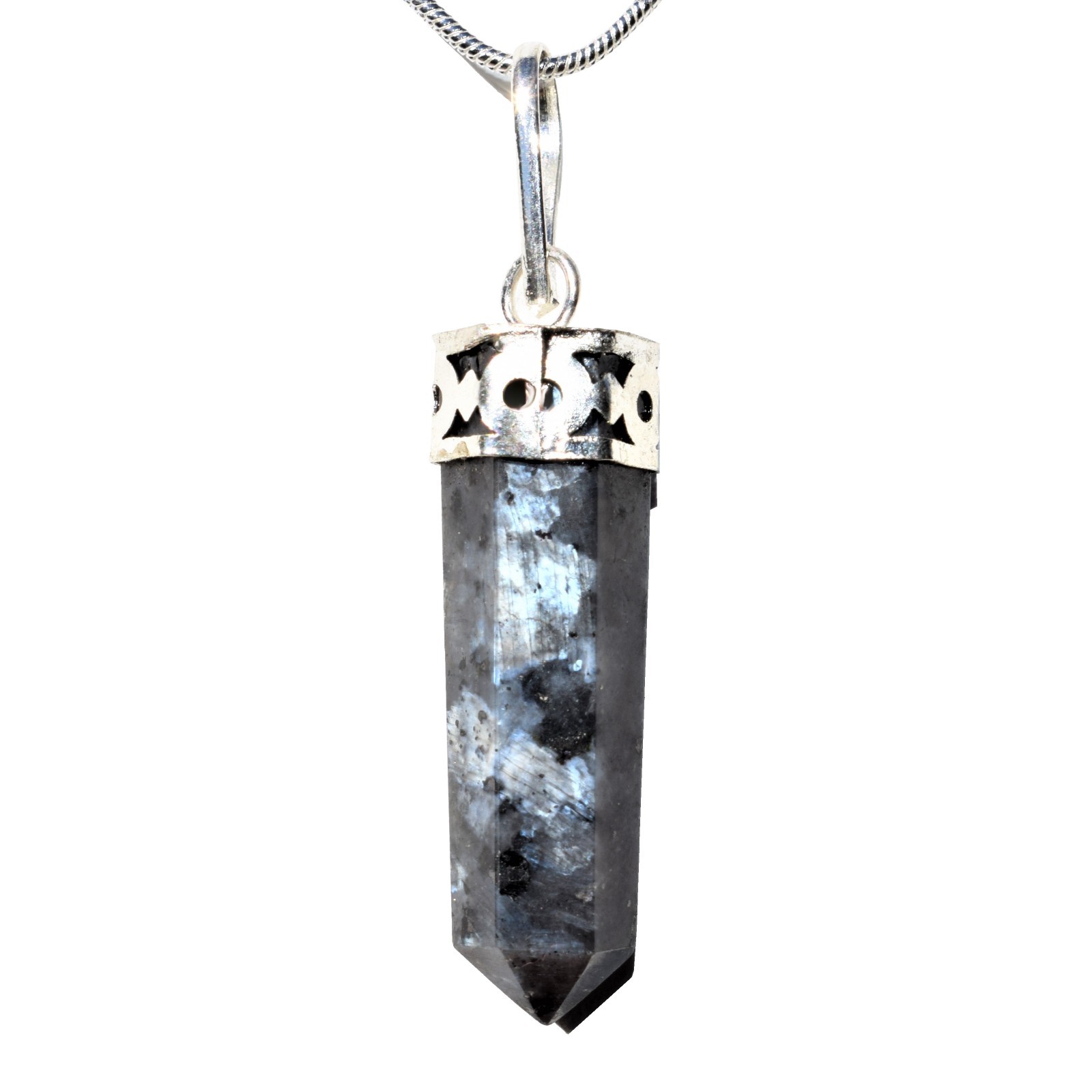 Charged Titanium Flash Larvikite Point Pendant + 20″ Stainless Steel Chain