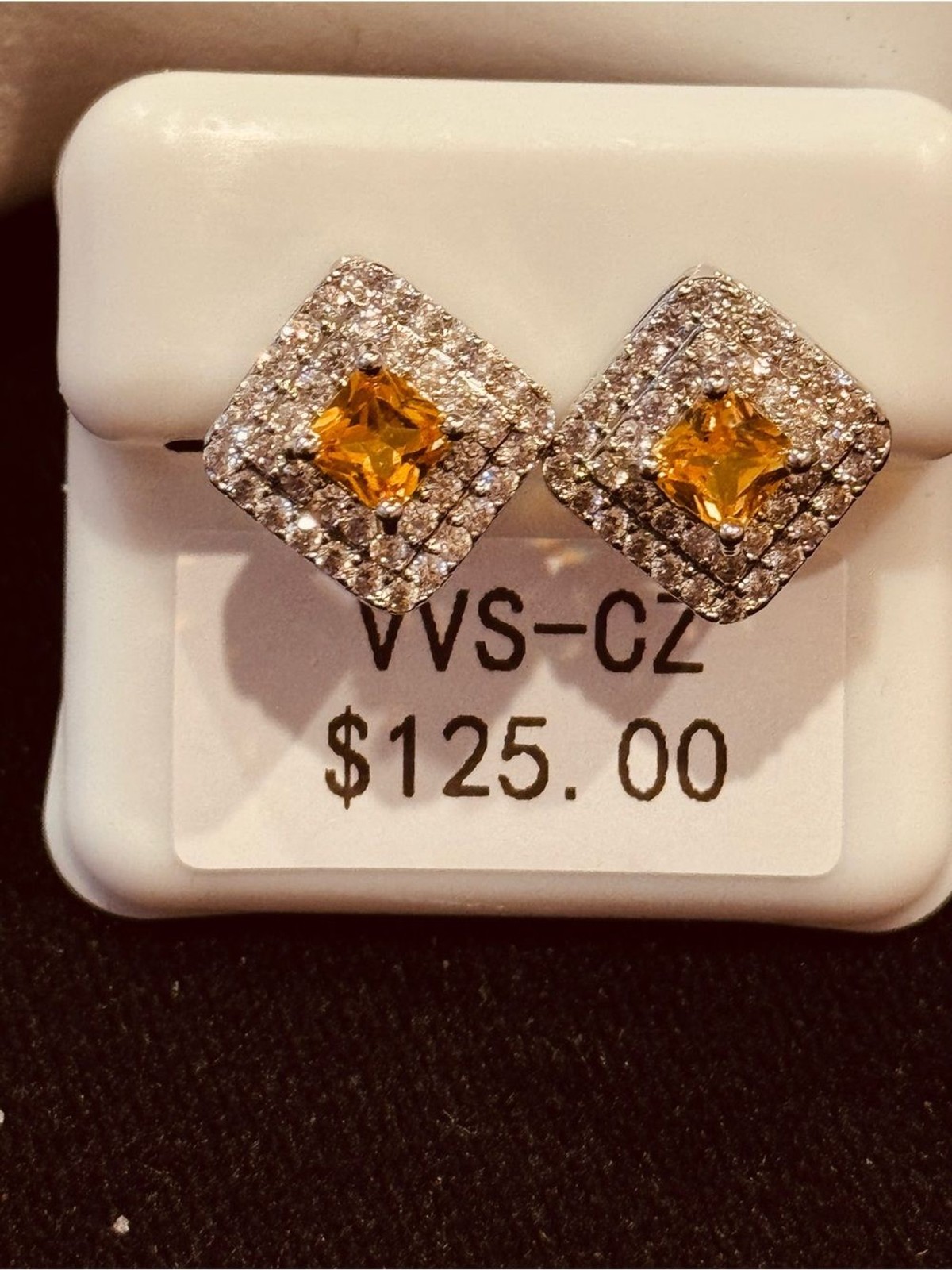 AJ USA Yellow Cubic Zirconia Square Halo Stud Earrings