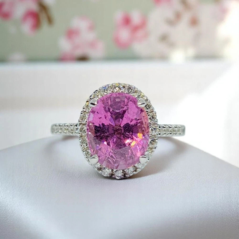 Natural Diamond Wedding Ring Oval Cut 4.60 Ct Pink Sapphire 14K White Gold 6 7 8