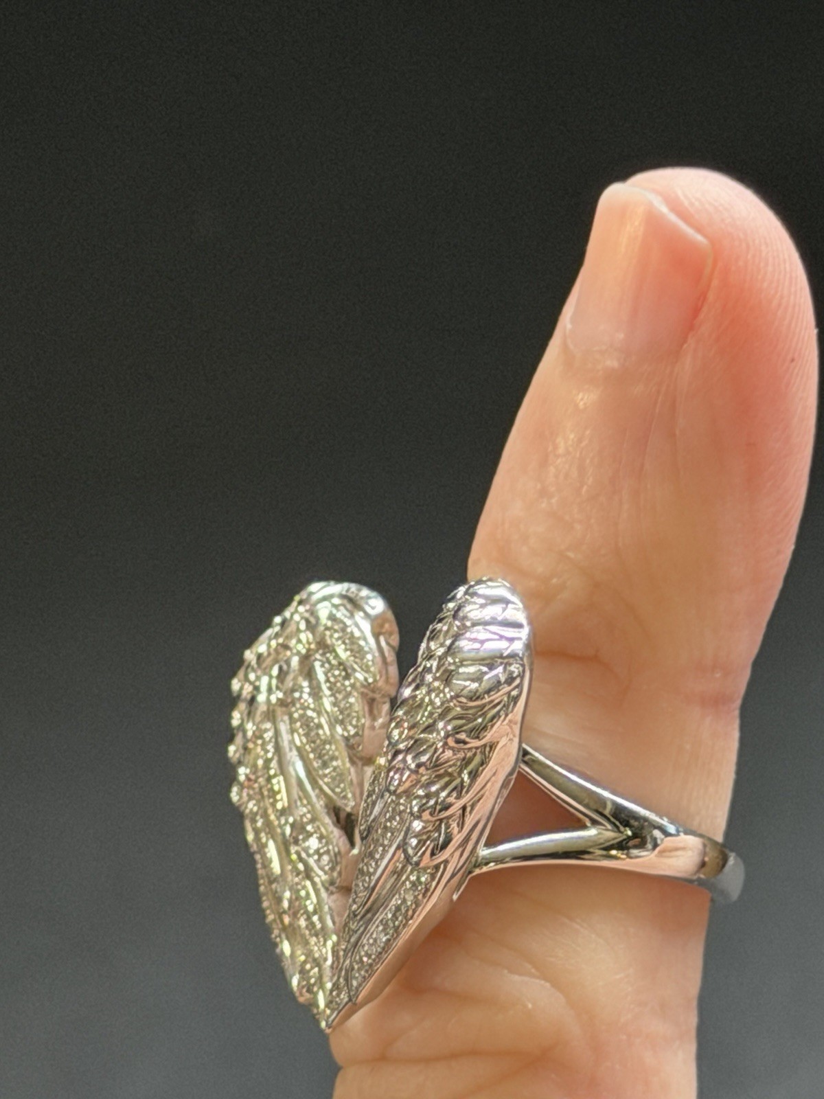 Sterling Silver 925 Angel Wings Studded With Diamonds Ring Size 5 WOW!!