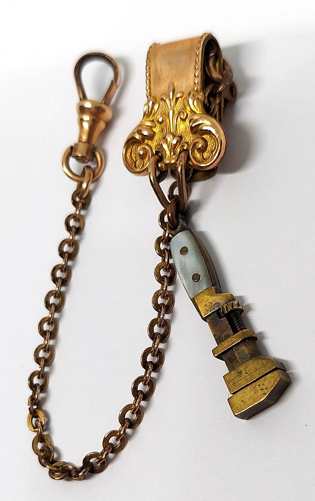 VTG Antique Miniature monkey Wrench works watch Fob charm Gold Filled Chain Clip