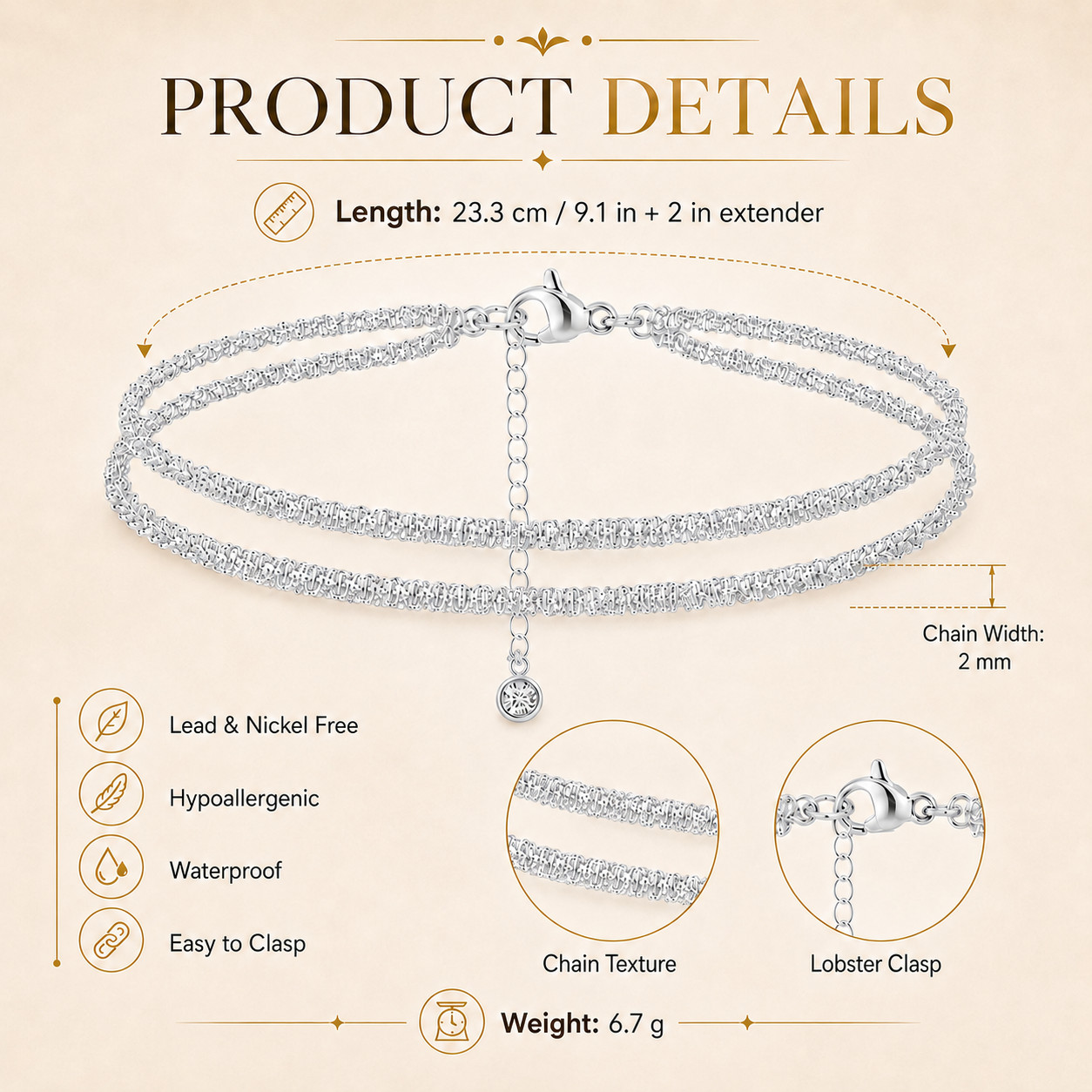 Uxvwez Double Layer Anklet for Women Gold Silver Tone Adjustable Waterproof