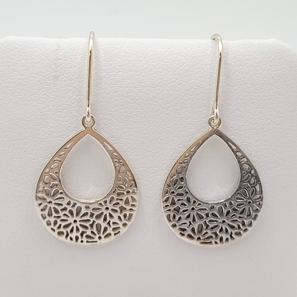 Pear Drop w/ Flower Cut Out Dangle Earrings .925 Sterling Silver – BS104