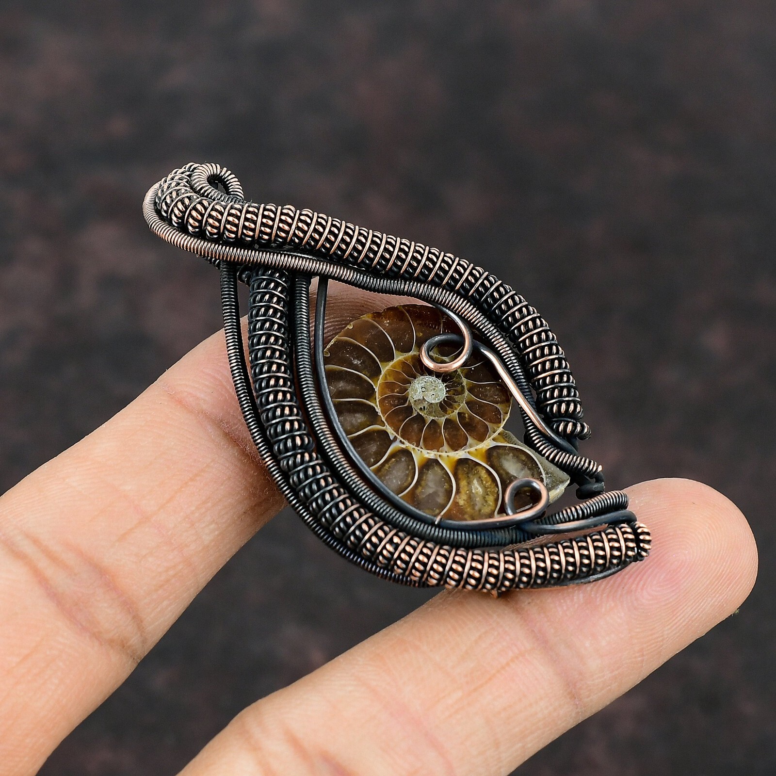 Ammonite Fossil Gemstone Jewelry Copper Mother Gift Wire Wrapped Pendant 2.56″