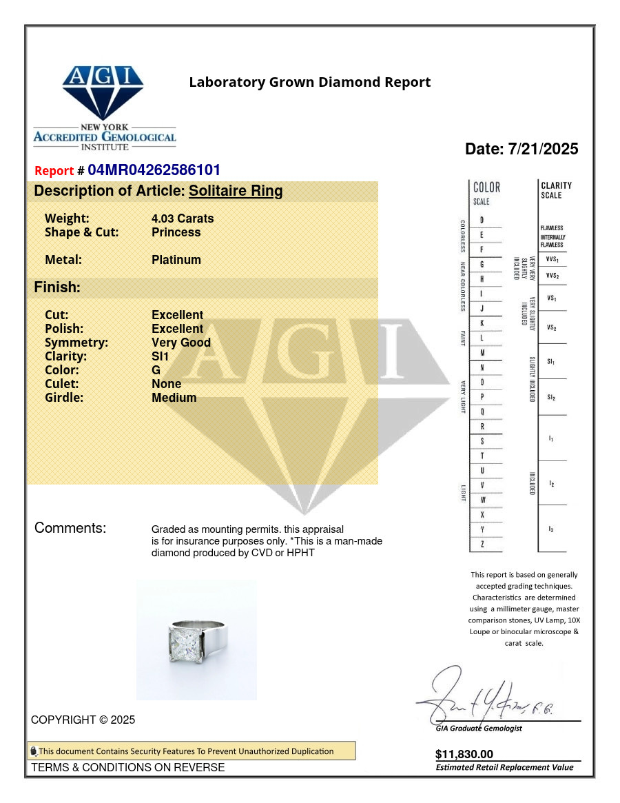 Solitaire Engagement Ring Platinum 4.03 Carat Princess Lab-Grown Diamond G SI1