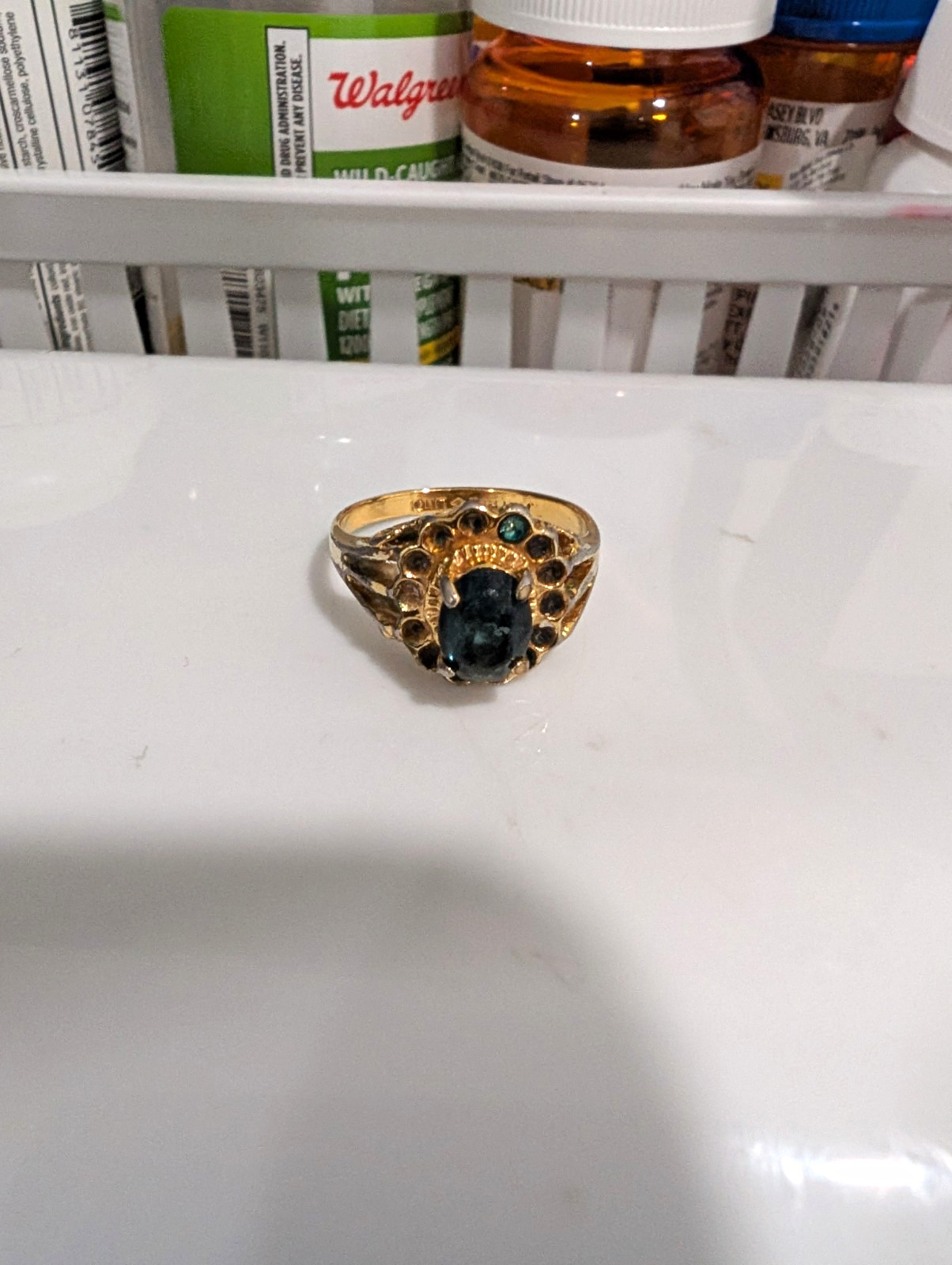 LINDE Signed 14k Heavy Yellow Gold Plated Ring +Blue Sapphire and Diamond