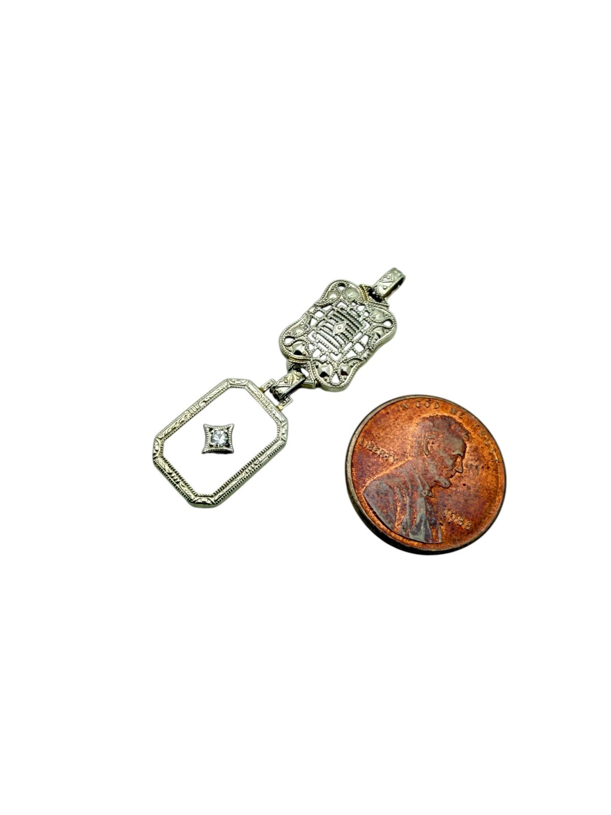 Art Deco 10k White Gold Filigree Camphor Glass Panel 10.8mm Pendant With Diamond