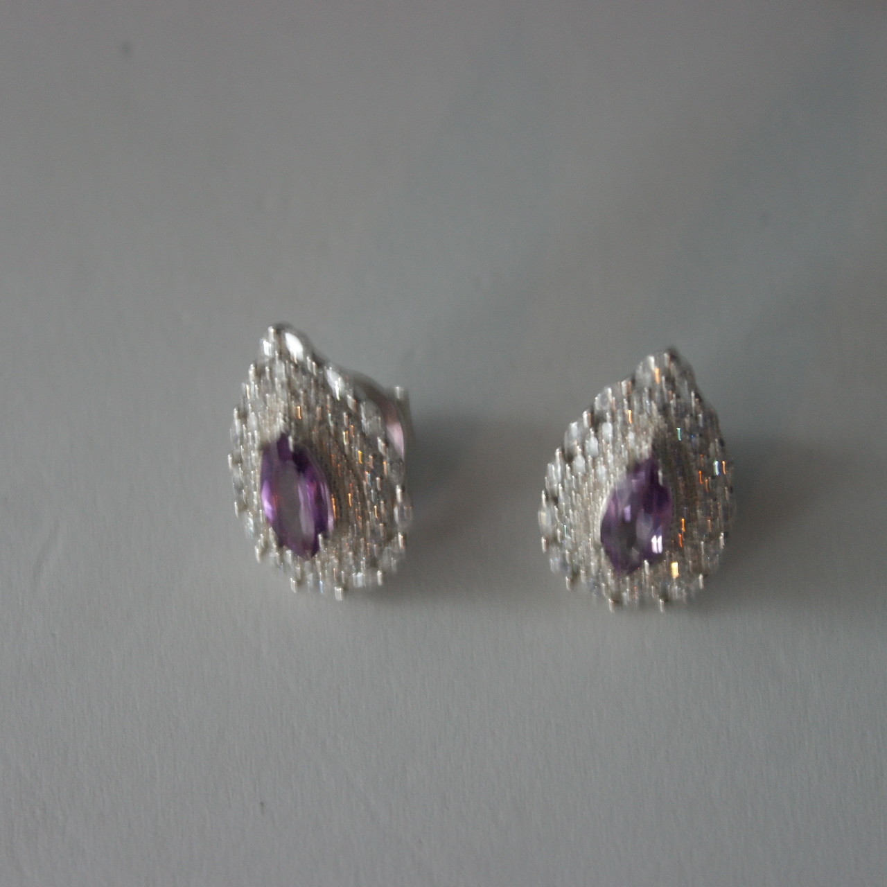 IMPRESSIVE! NATURAL! 4 X 10 mm. PURPLE AMETHYST & WHITE CZ..925 SILVER EARRINGS