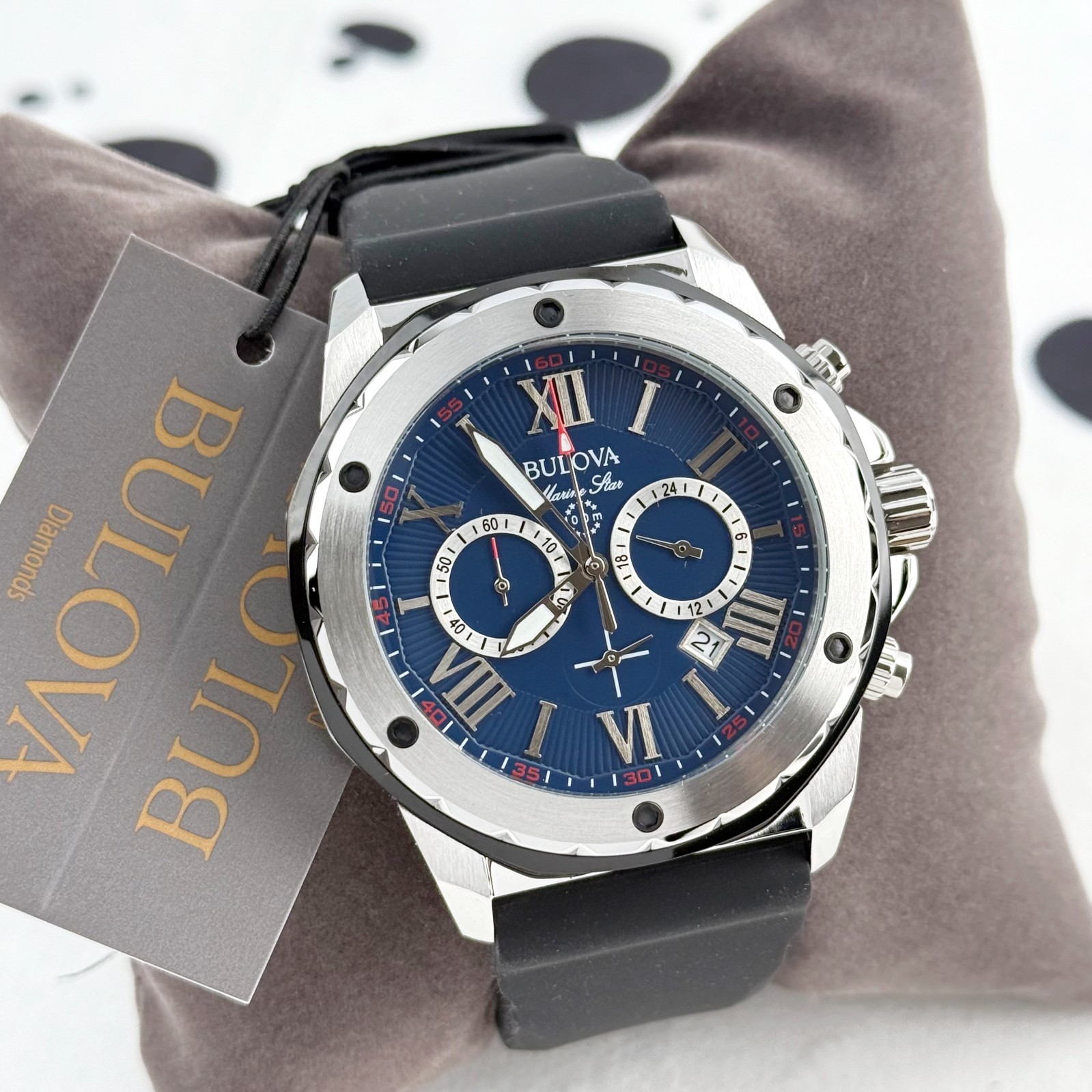 Bulova 98B258 Marine Star Men’s 44mm Blue Dial Rubber Strap Quartz Watch