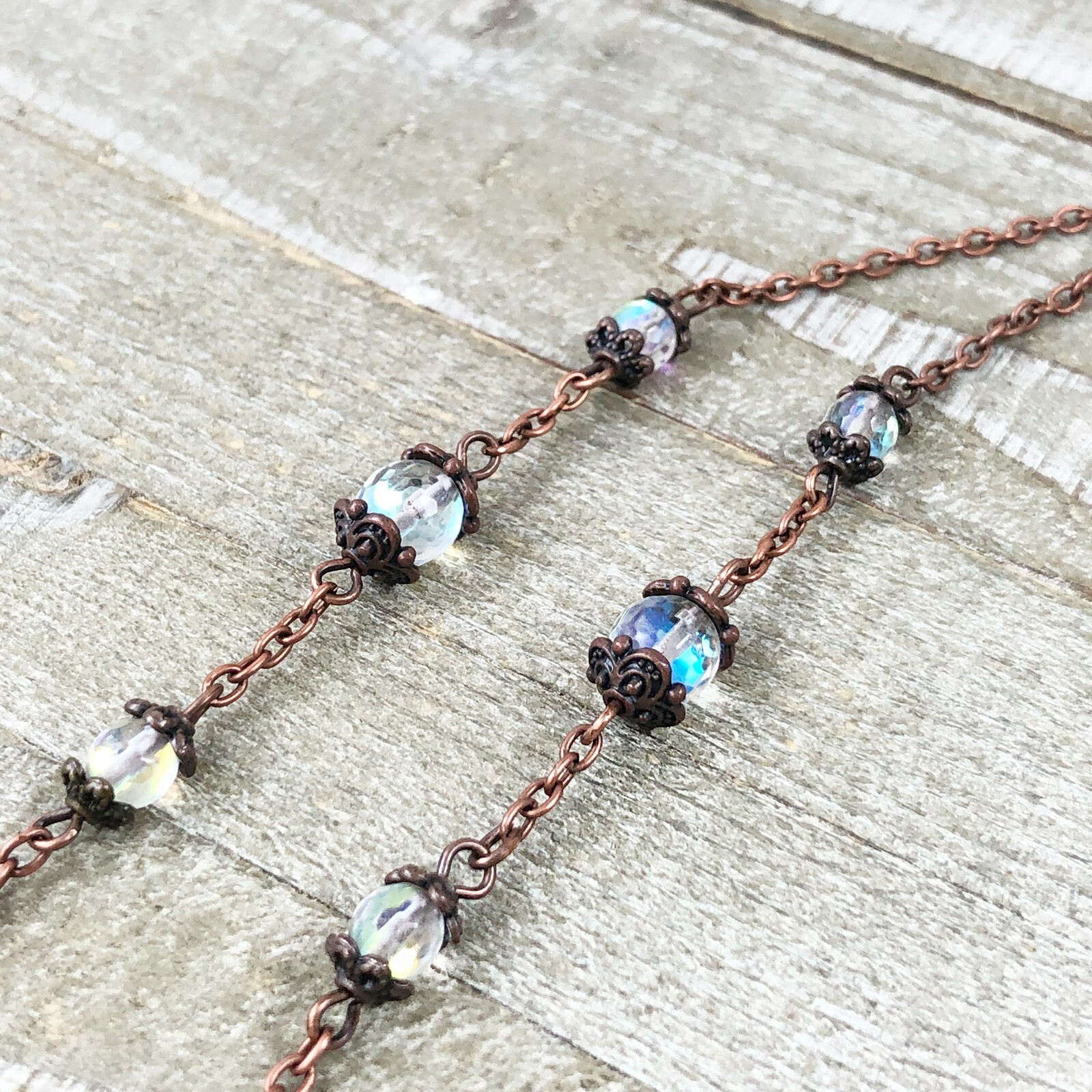 Antique Copper Soldered Clear Quartz Crystal Pendant with Faceted Moonstones