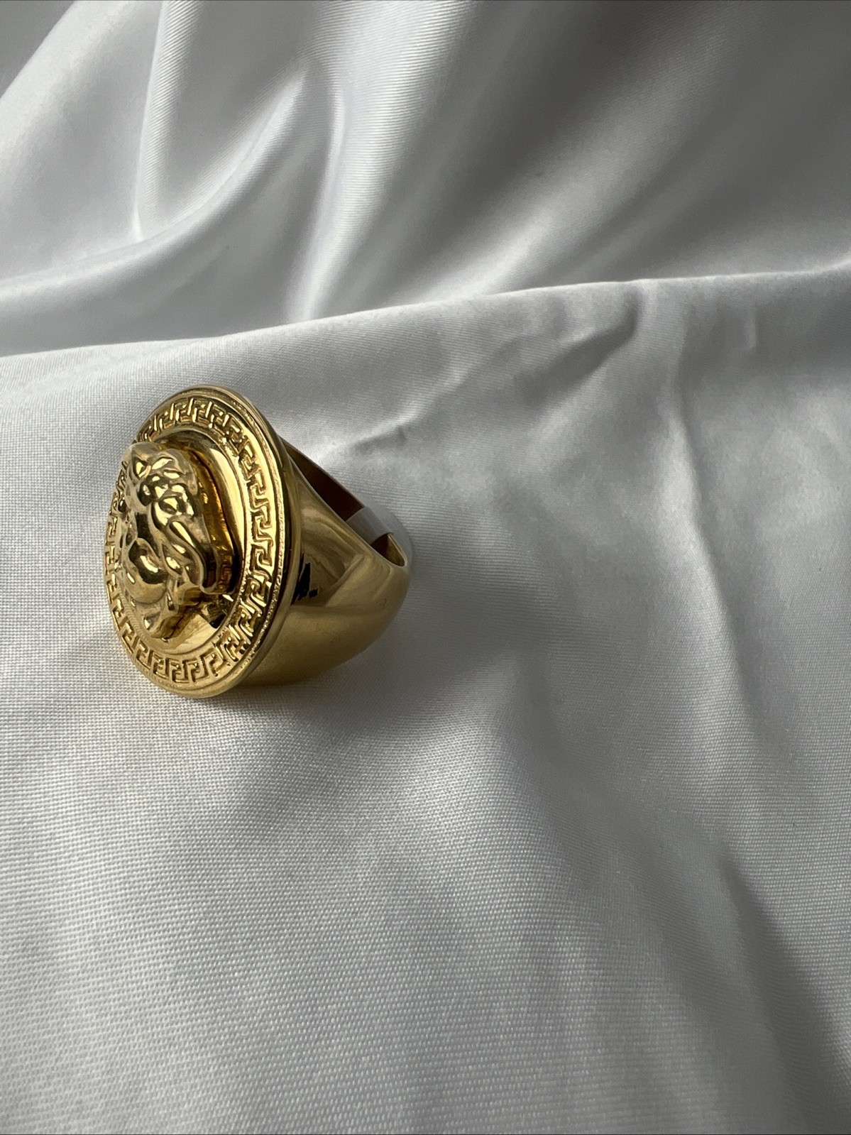 Gold Greek Key With Signet Medusa Head Ring -Stainless Steel-9