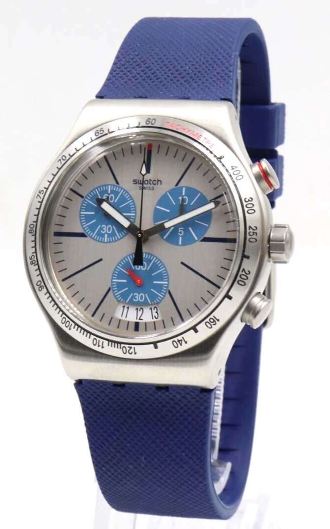 Swiss Swatch Irony BLAU ME ON Silicone Blue Chrono Men Watch 44mm YVS435 $190