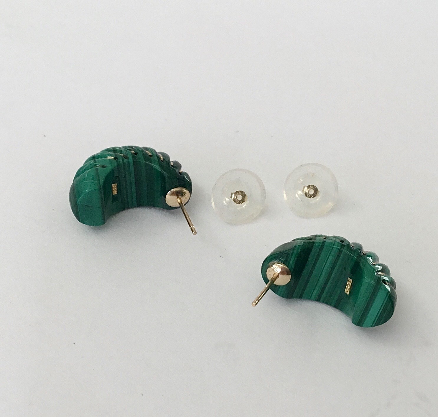 Natural Green Malachite Solid 14K Yellow Gold Dome Earrings NEW