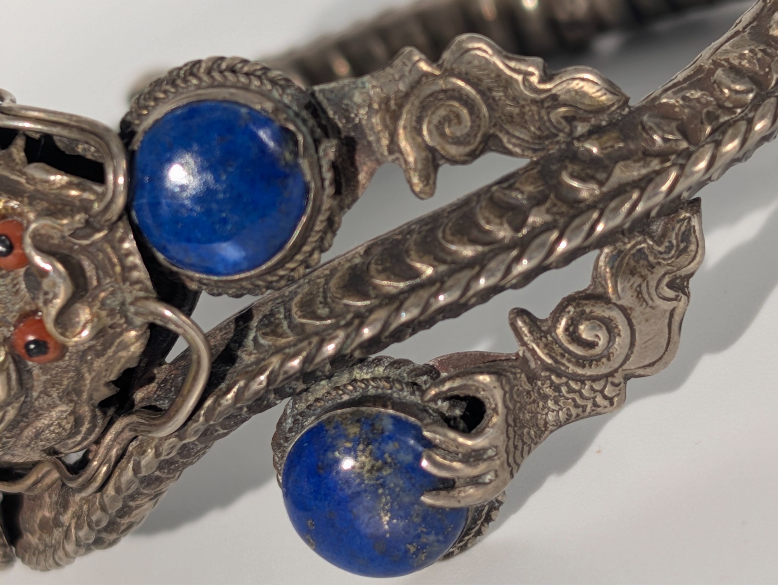 Vintage Chinese Export Sterling Silver 925 Dragon Bangle with Lapis Coral 38g
