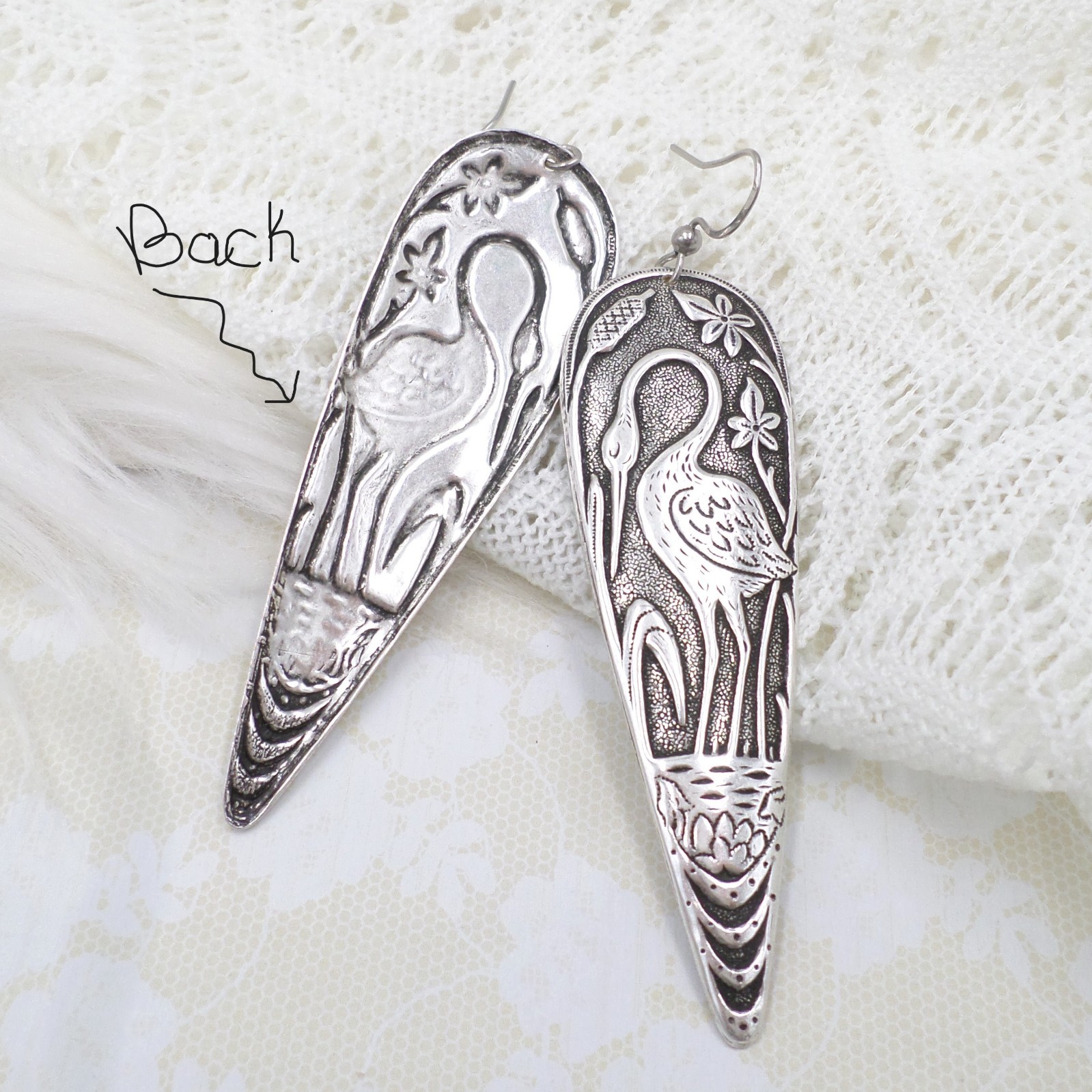 Antique Silver Plated Crane Statement Earrings, Heron Jewelry Gift For Women