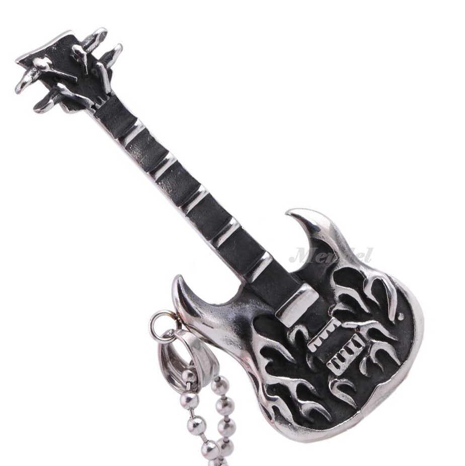 MENDEL Mens Rock N Roll Guitar Necklace Pendant Cool Biker Music Stainless Steel