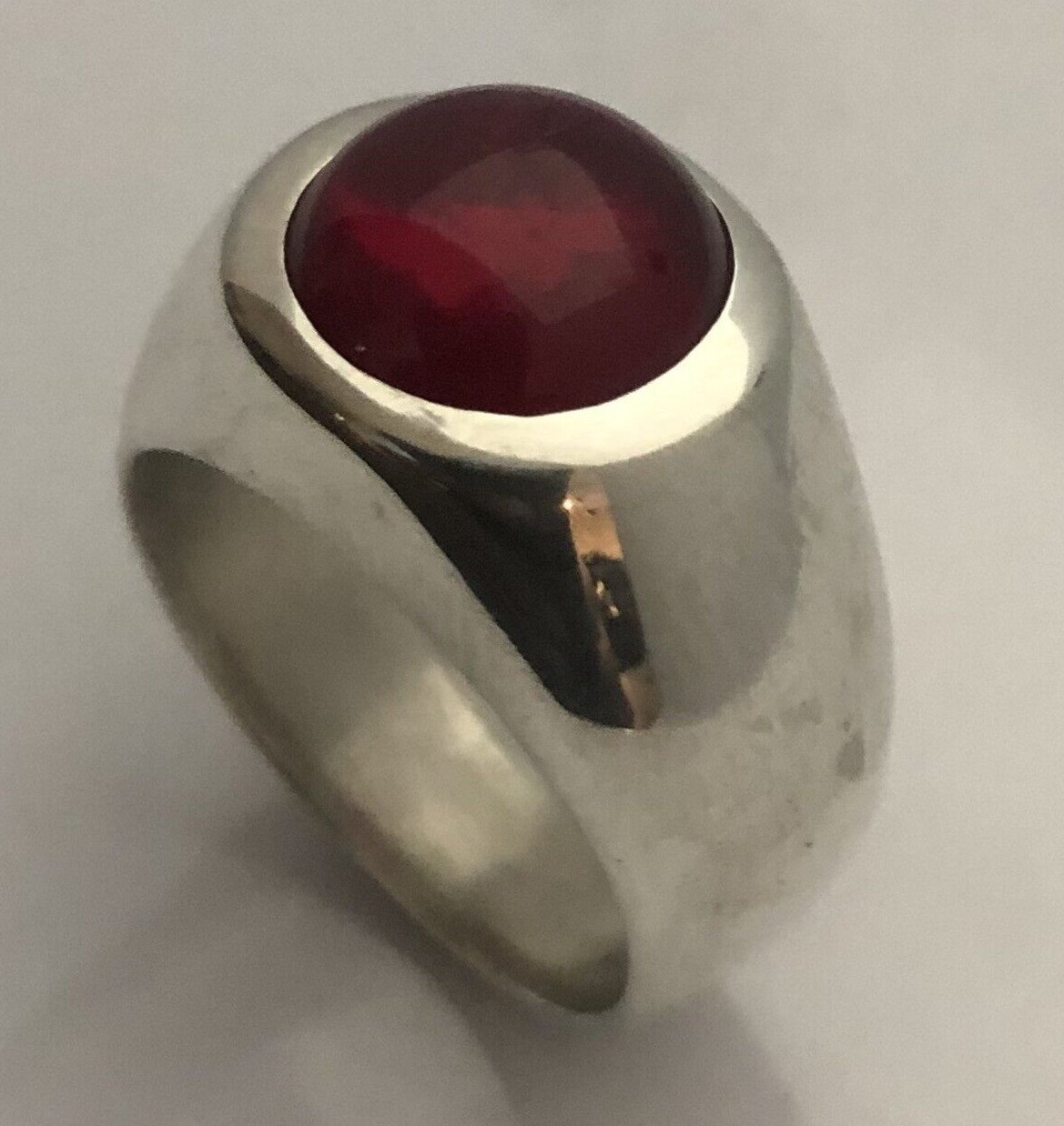 MJG STERLING SILVER MEN’S RING. 12mm ROUND LAB RUBY CABOCHON. SIZE 9 3/4