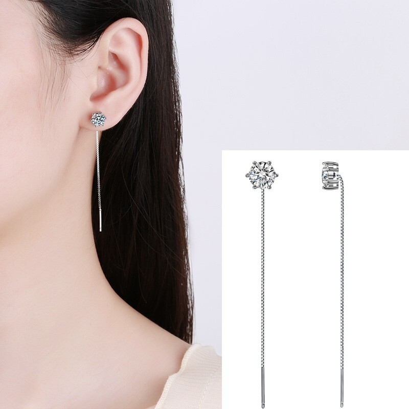 925 Silver Plated Round Prong CZ Chain Thread Pull Through Threader Earrings F2