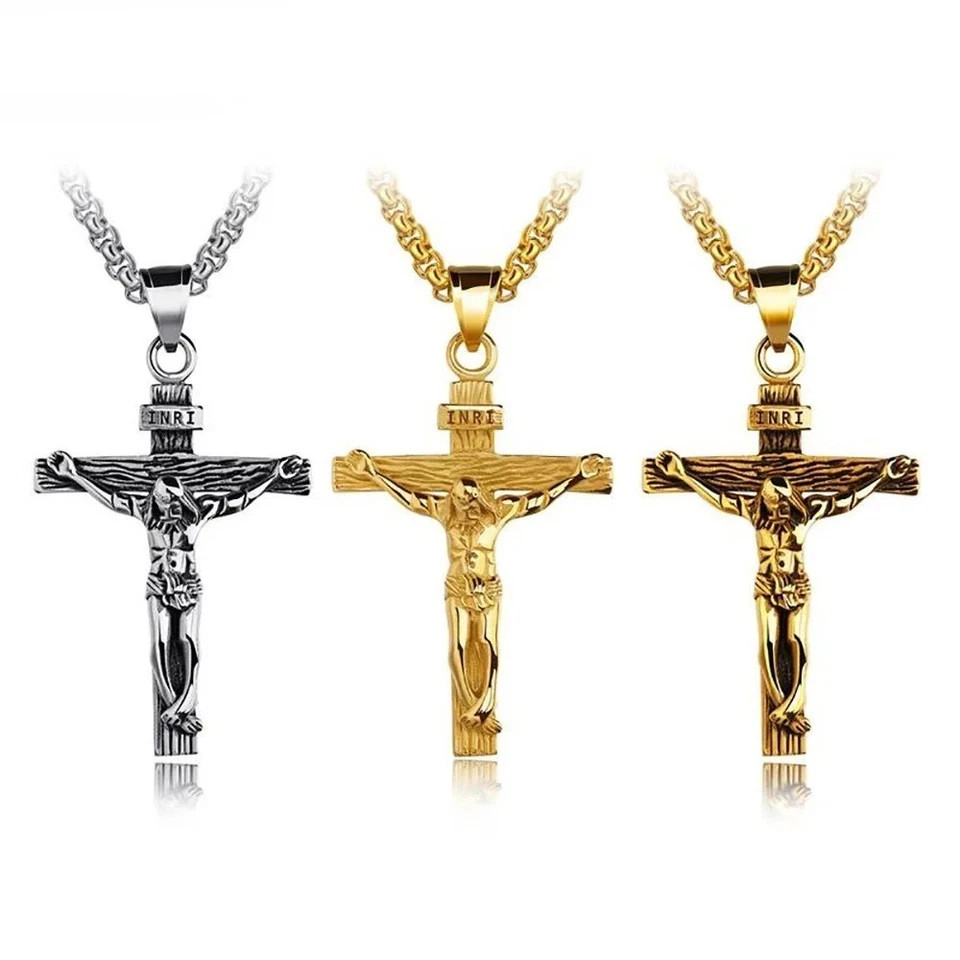Men Stainless Steel Jesus Christ Crucifix Cross Pendant Chain Necklace