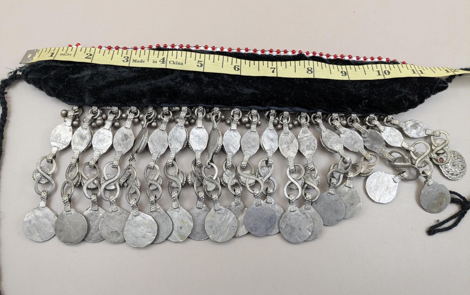 Vintage Kuchi Tribal Choker Bib Necklace Jingling Dangles Red Glass (19576)