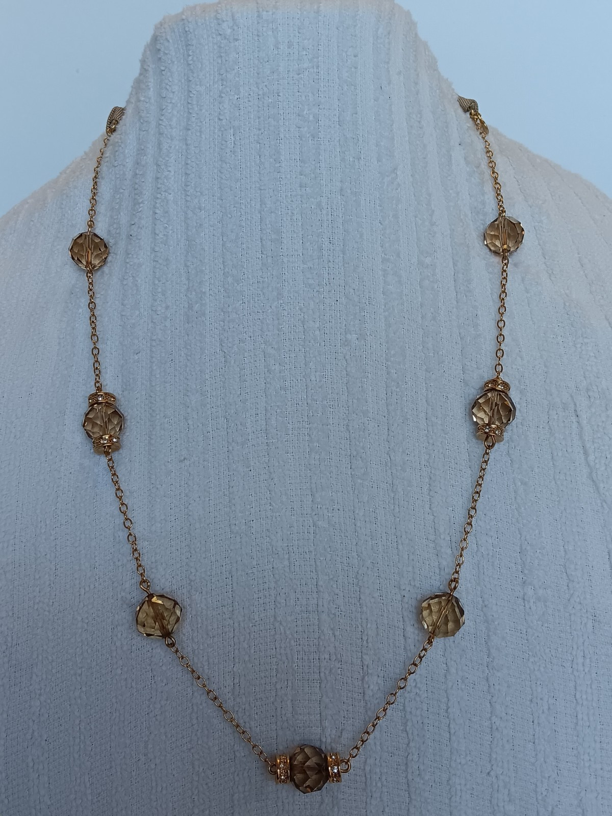 J Crew Goldtone Faceted Smoky Crystal Station Necklace Ribbon Closure 20-30 in