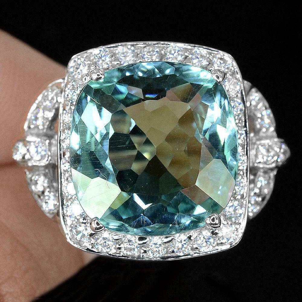 935 Argentium Silver 9CT Cushion Cut Blue Aquamarine & White Sapphire Halo Ring