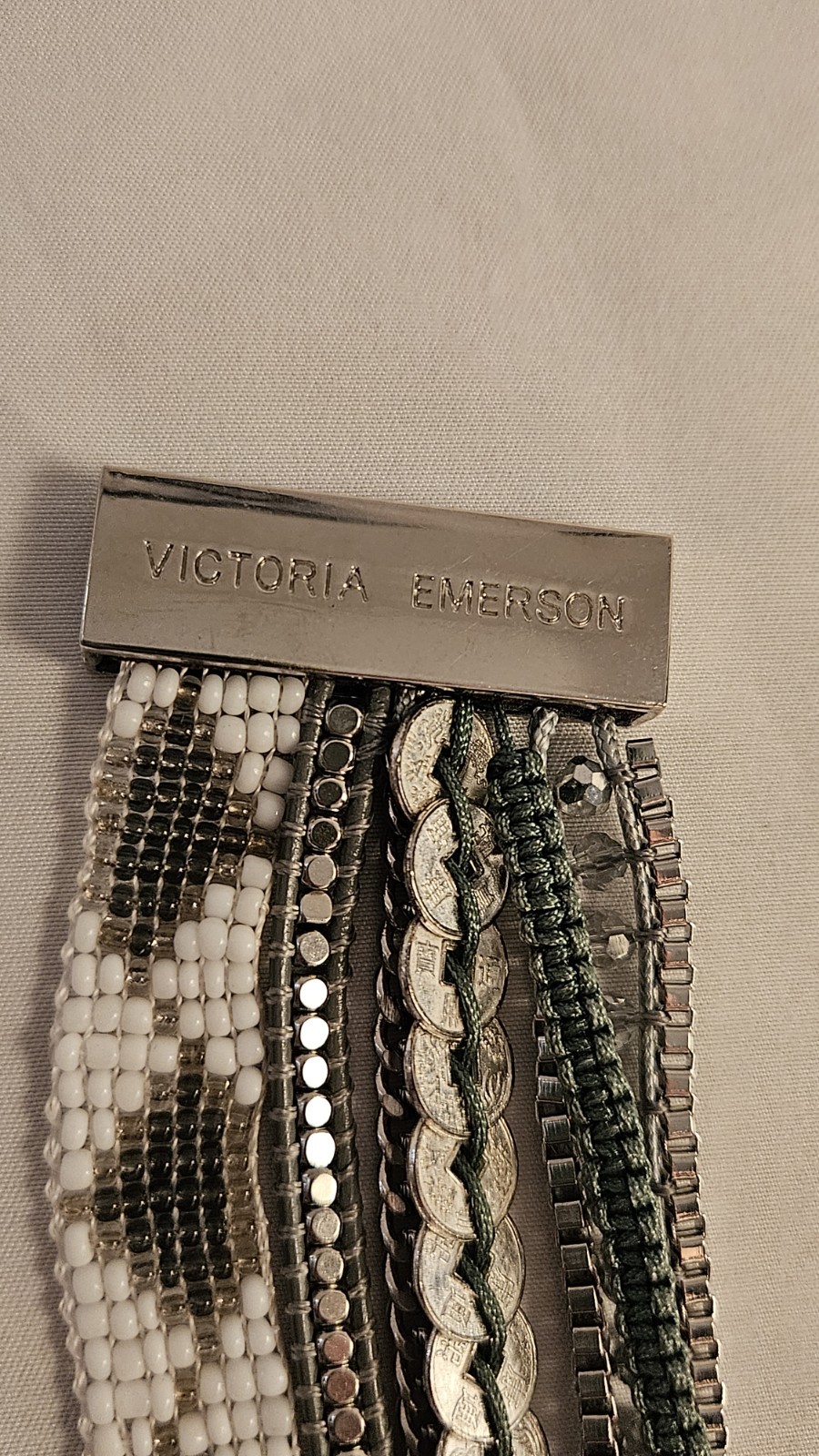 Victoria Emerson Bracelet Crystal Beaded Chain Cuff Womens 7.5 Inch Silver