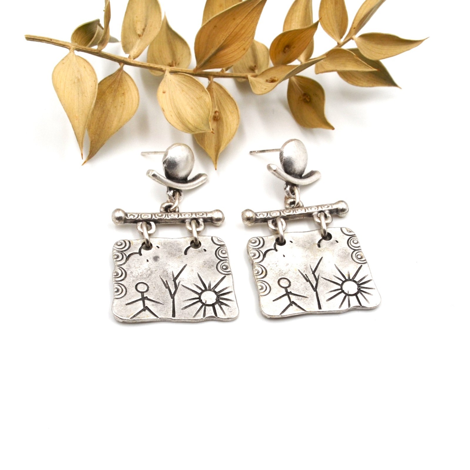 Lightweight Shamanic Silver Petroglyph Boho Dangle Stud Earrings Ancient