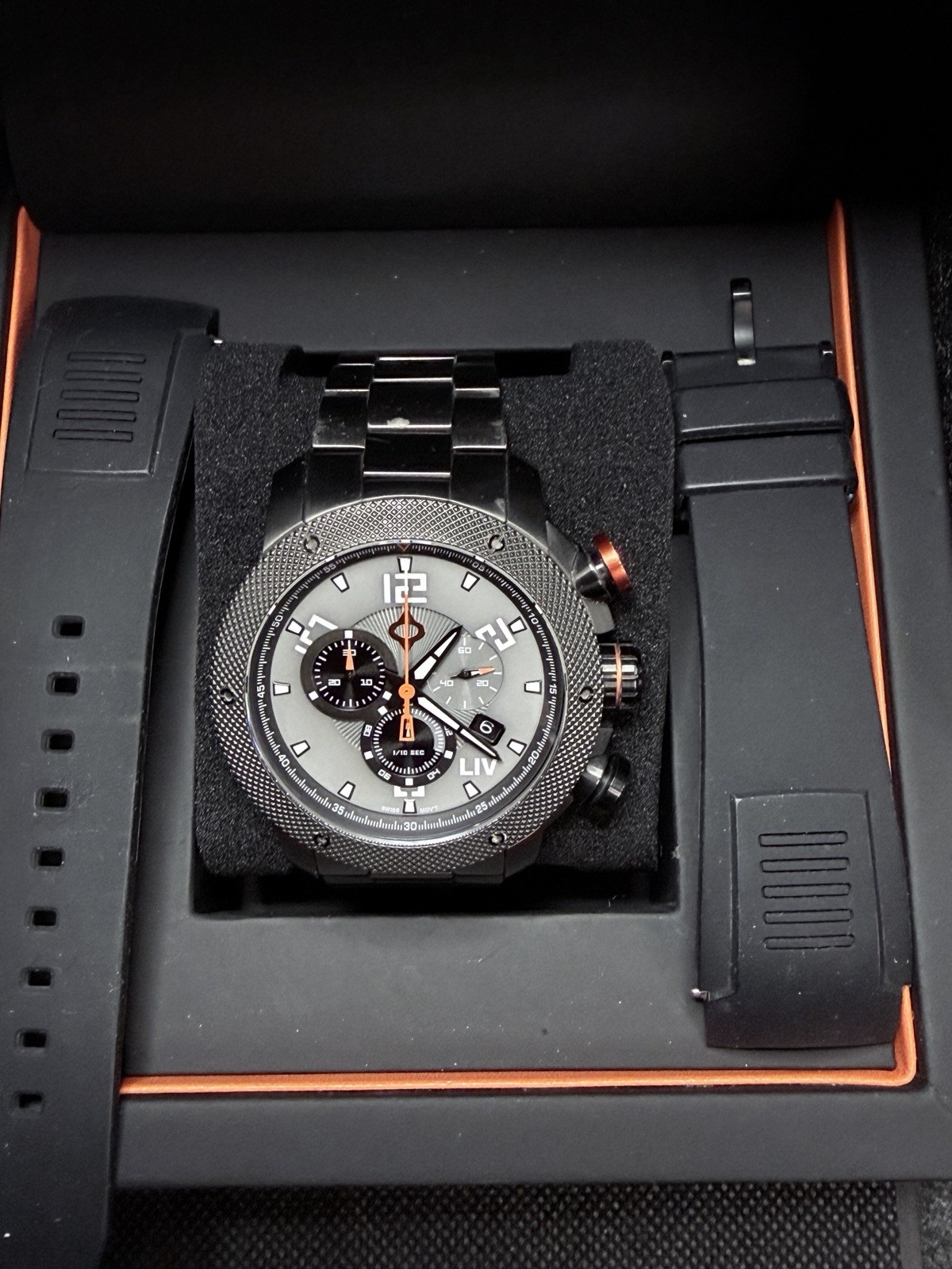 LIV GX1 Cool Gray Chronograph with Stainless Steel Bracelet & Black Silicone Stp