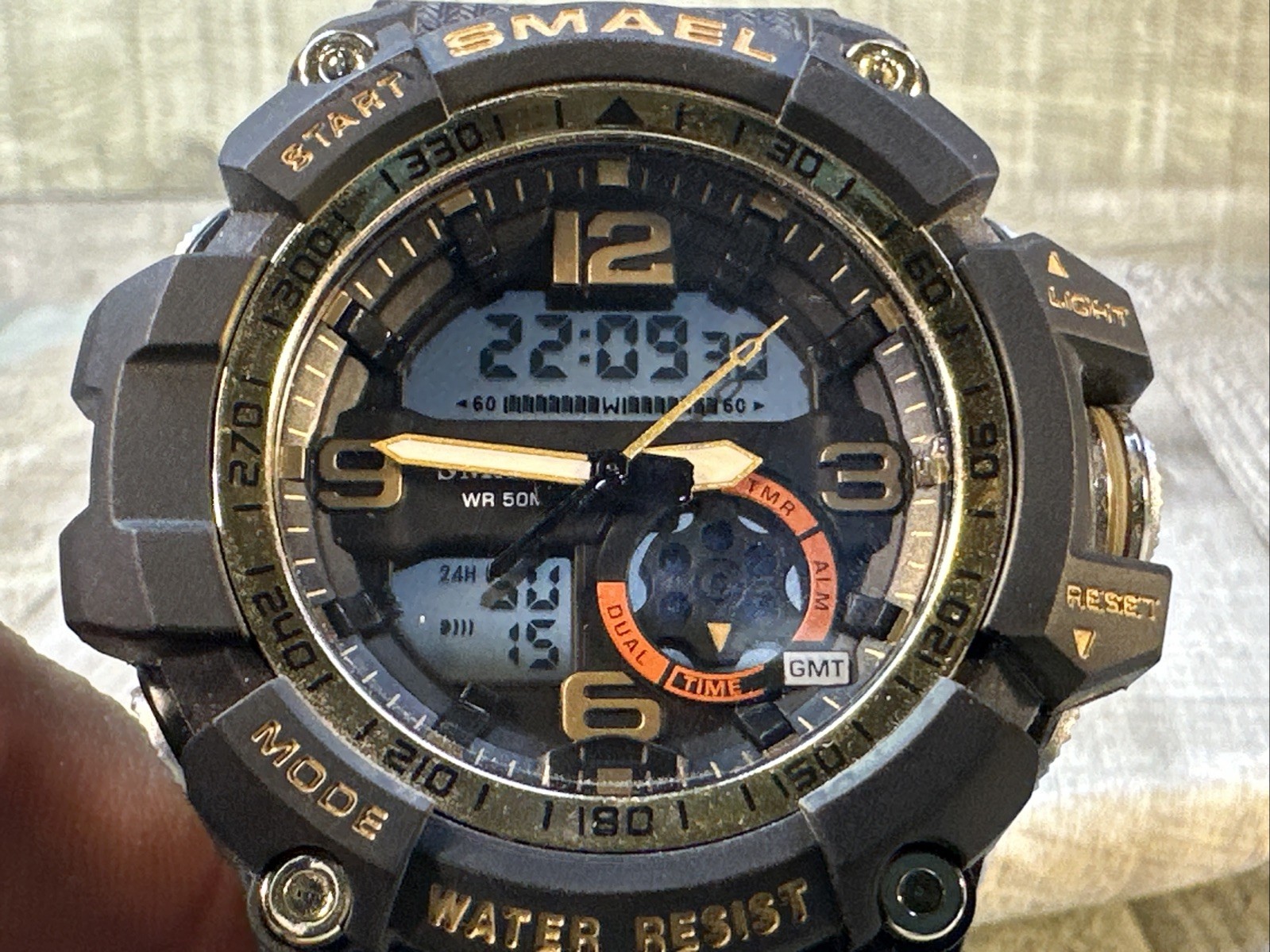 SMAEL Men’s Tactical Analog Digital Watch Dual Time WR 50M Black Gold
