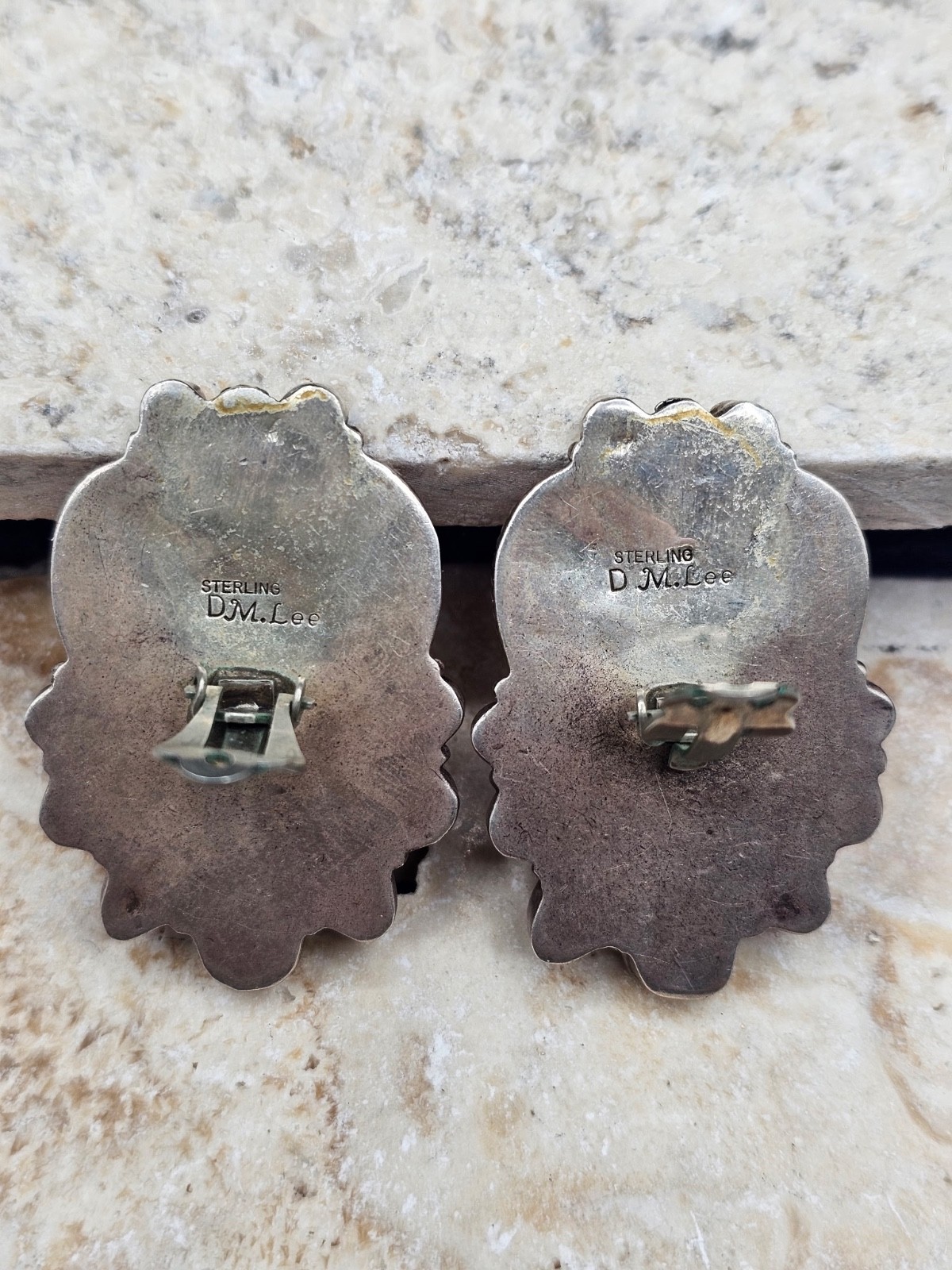 Vintage D.M. Lee Navajo Sterling Spiny Oyster Multi Stone Heart Clip Earrings