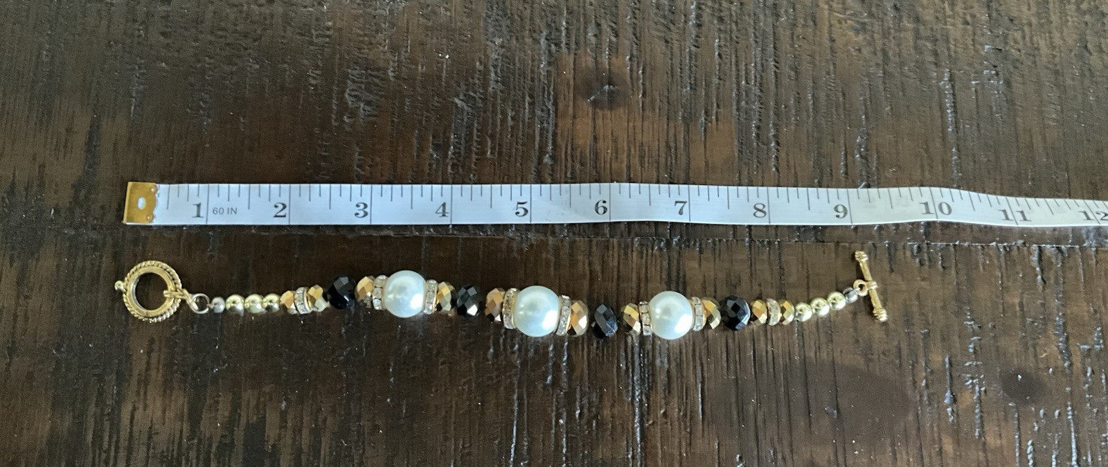 Extra Large Hand Crafted Gold Black White Beaded Bracelet