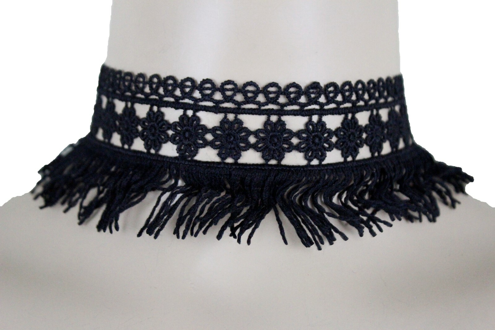 Women Young Fashion Choker Necklace Tassel Wide Black Lace Fabric Flower Fringes