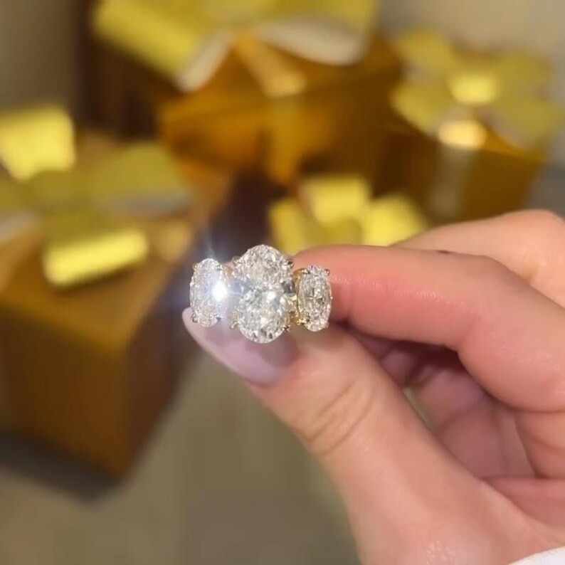 Oval Moissanite Three Stone 14K Gold Trilogy Engagement Ring Gift For Her