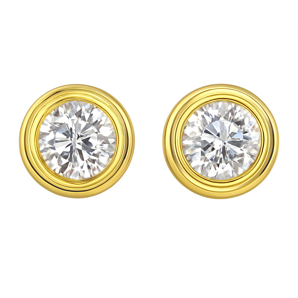 Bezel Set 14K (or 18k upon request) Yellow Gold Round Brilliant Stud Earrings