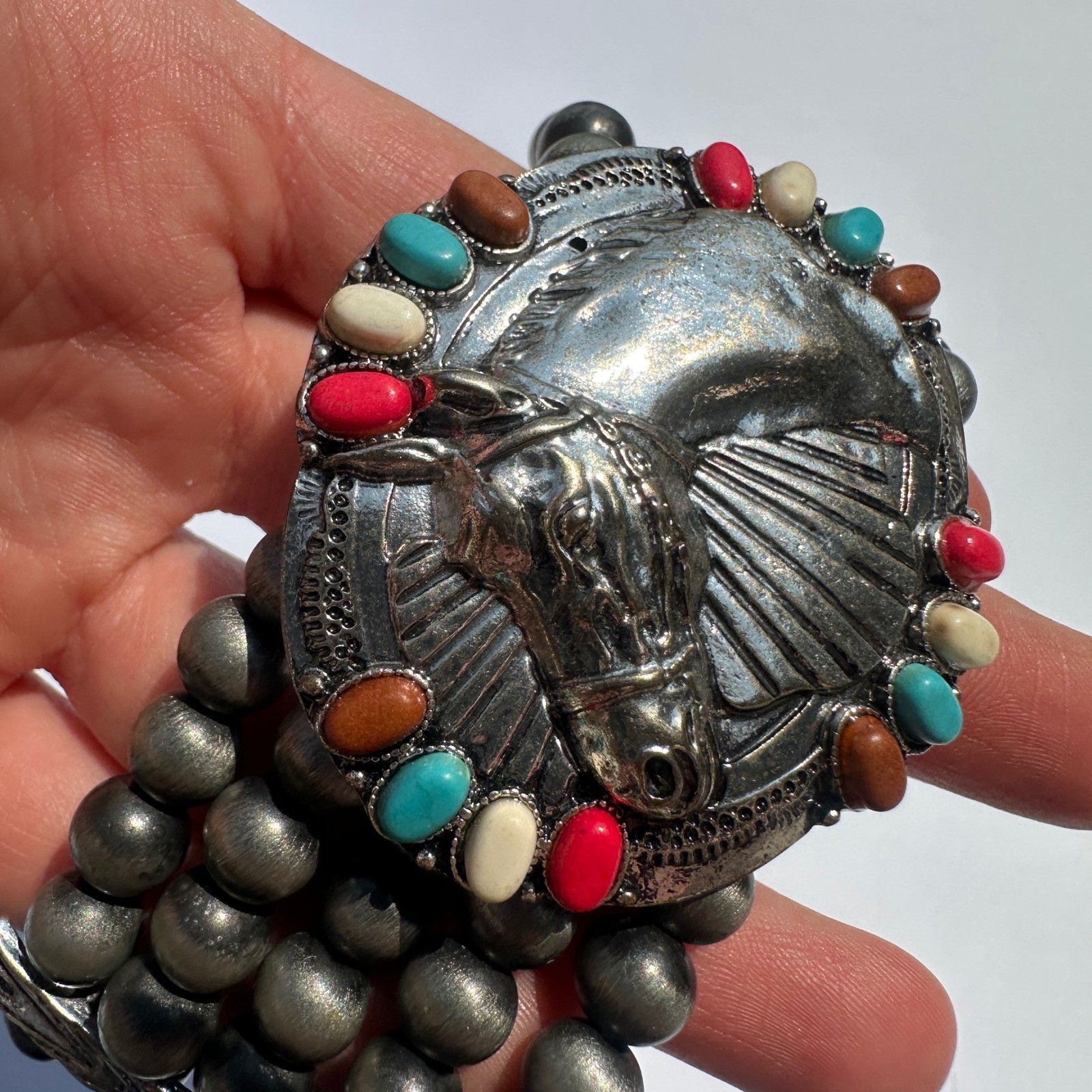 Western Horse Stretch Bracelet Silver Faux Navajo Pearl Beaded Turquoise Red