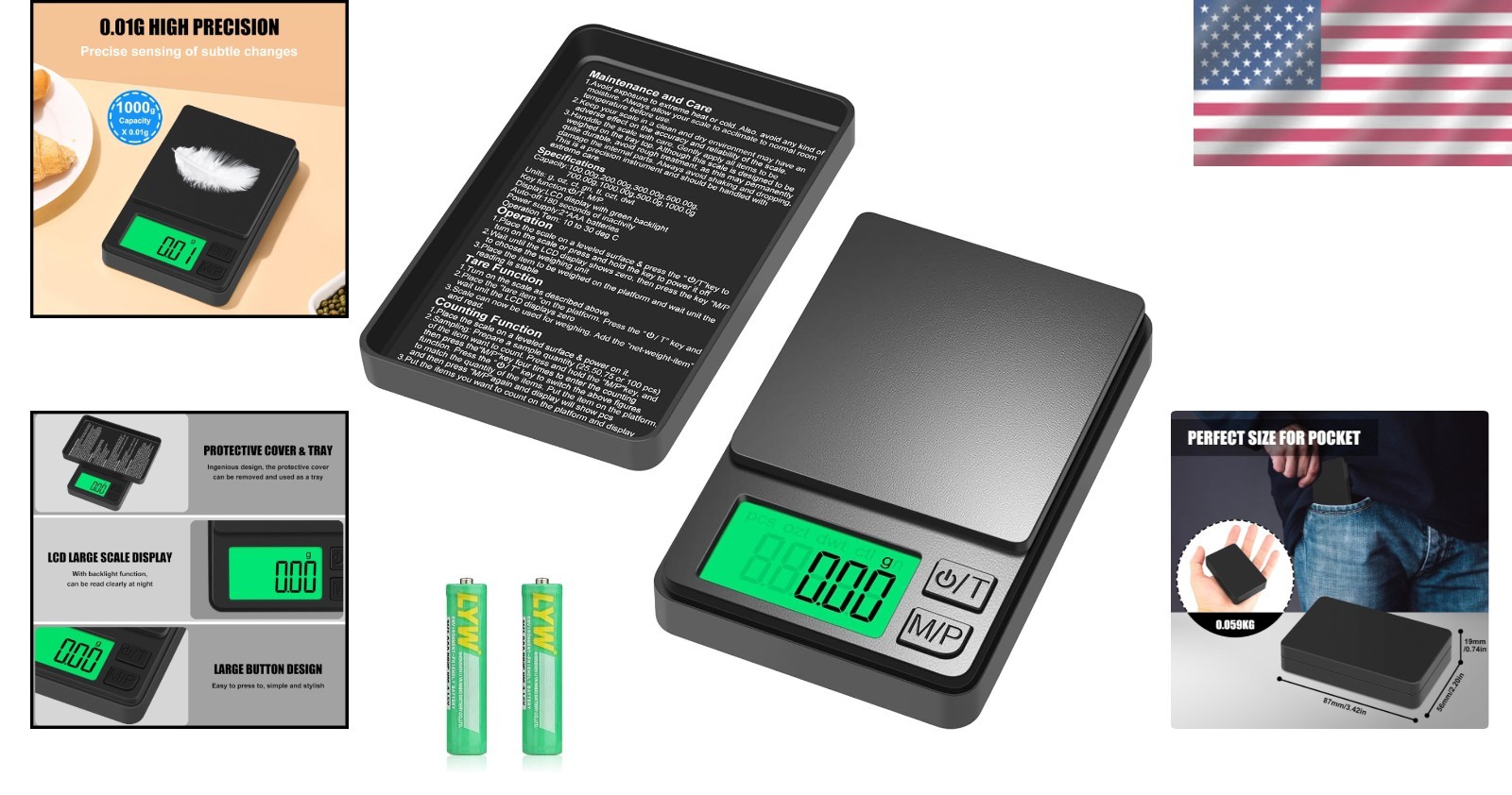 1000g x 0.01g Digital Pocket Scale Portable Precision Gram Weighing Scale