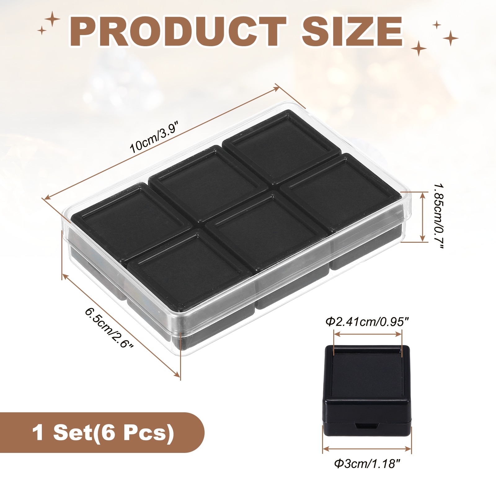 3.9×2.6×0.7 Inch Gemstone Display Box 6 Pcs Square Containers, Black