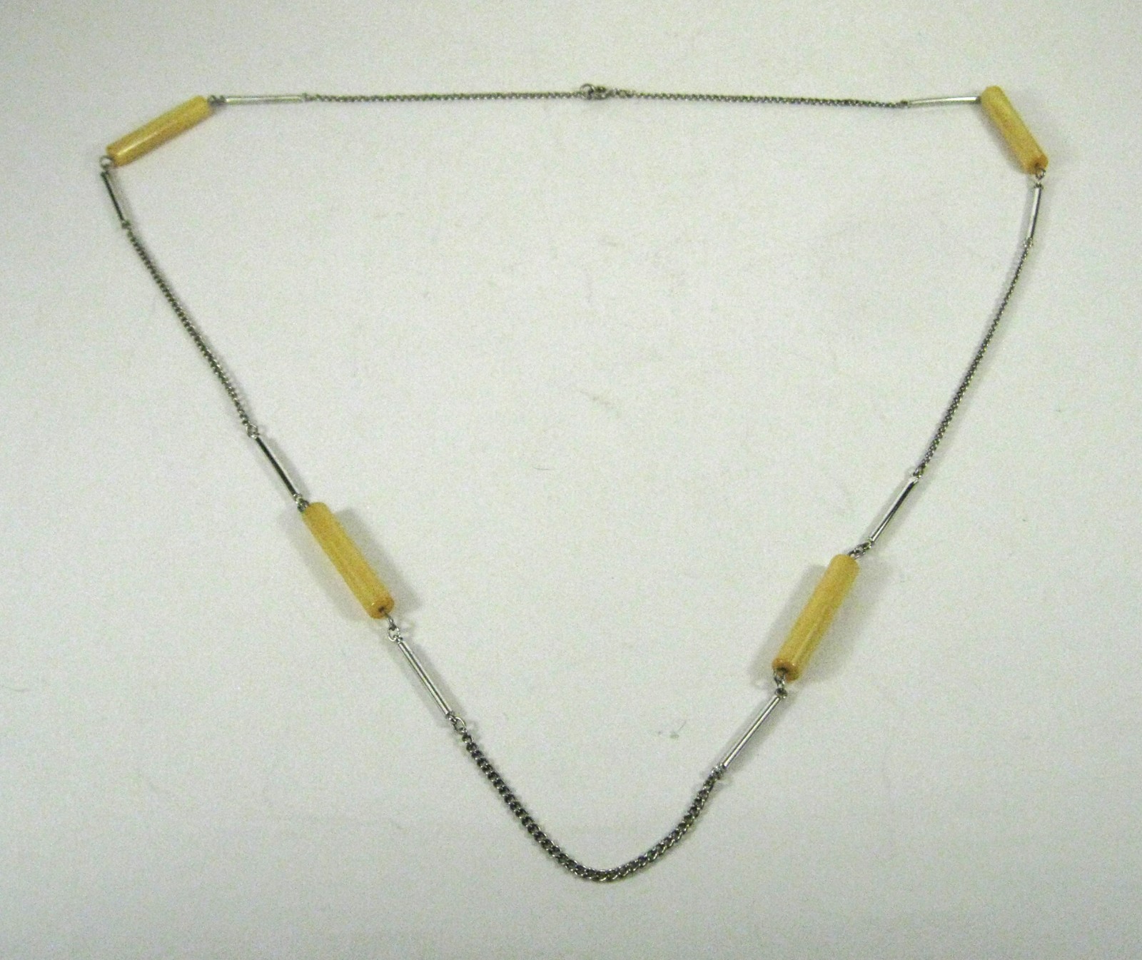 Necklace Strand String Silvertone Chain Yellow Plastic Beaded 30 In Unsigned