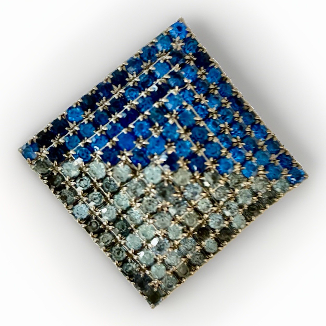 Vintage Dimensional Pyramid Brooch Two-Tone Cobalt Blue Rhinestones