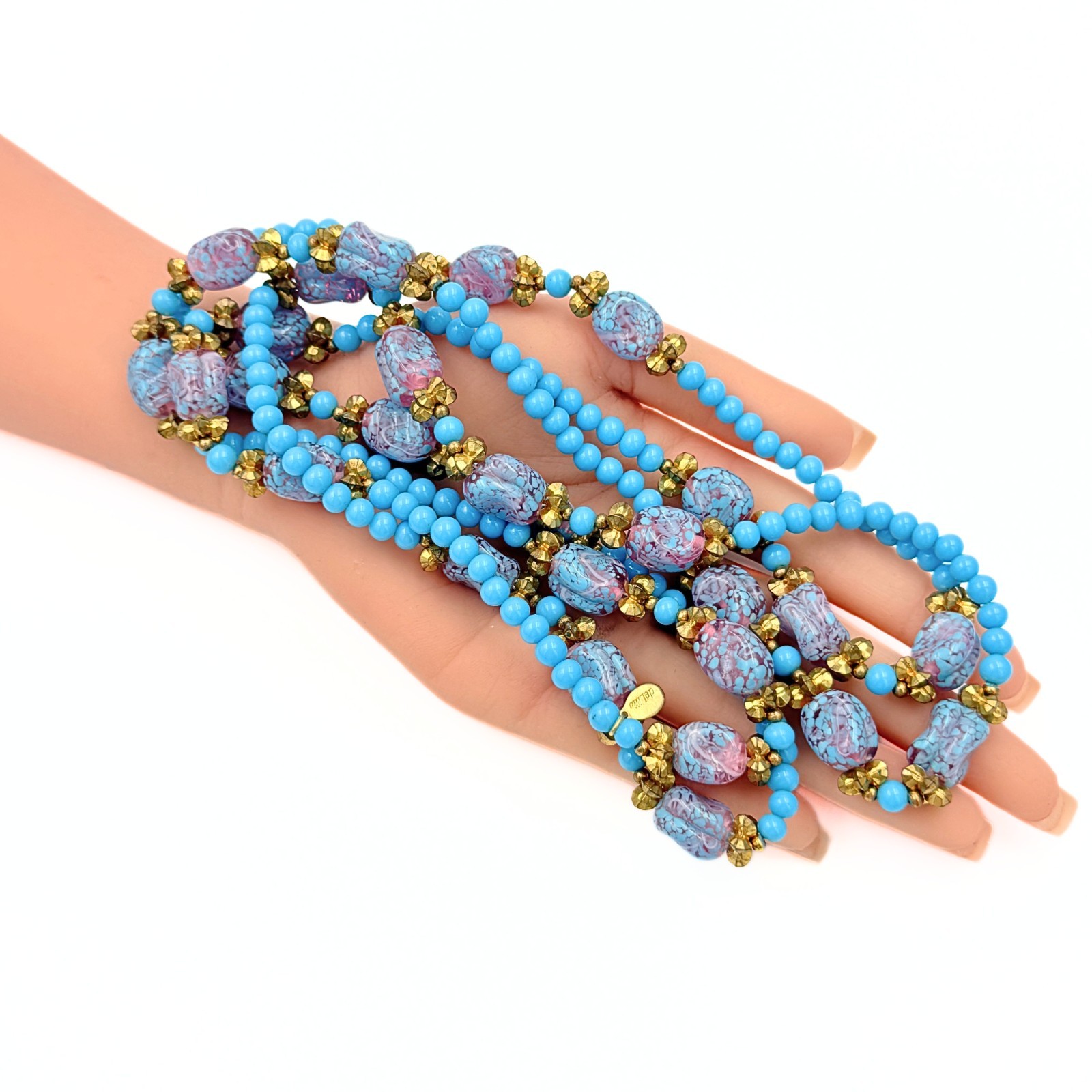 Vintage William De Lillo Couture Wedding Cake Glass Bead Sautoir Blue Necklace