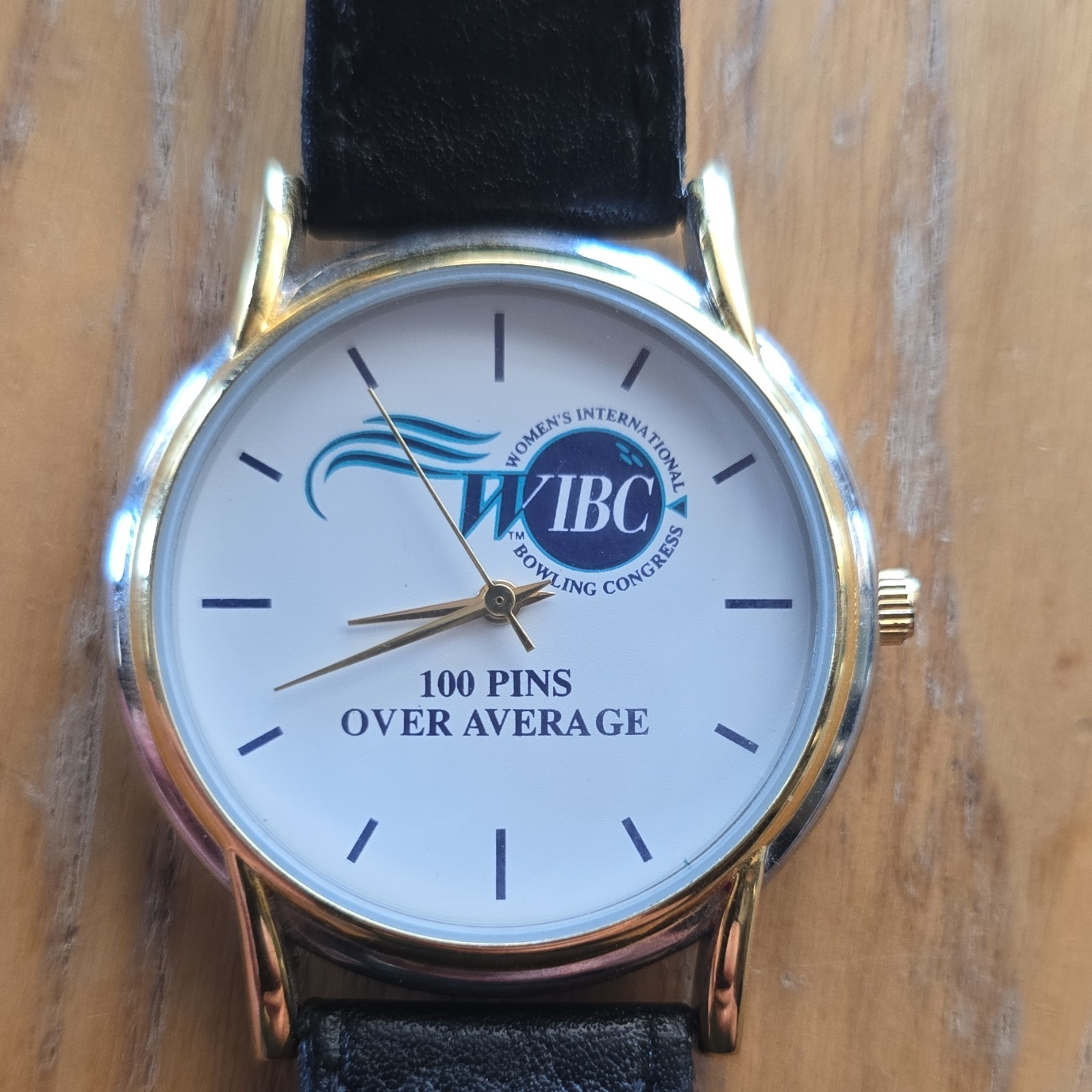 WIBC 100 Pins Over Average Bowling Quartz Analog Gold Tone Black Leather
