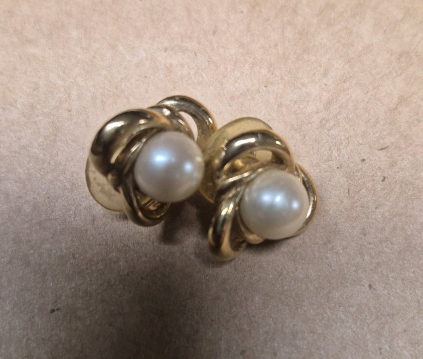 Vintage Signed Trifari Gold Tone Faux Pearl Love Knot Post Earrings