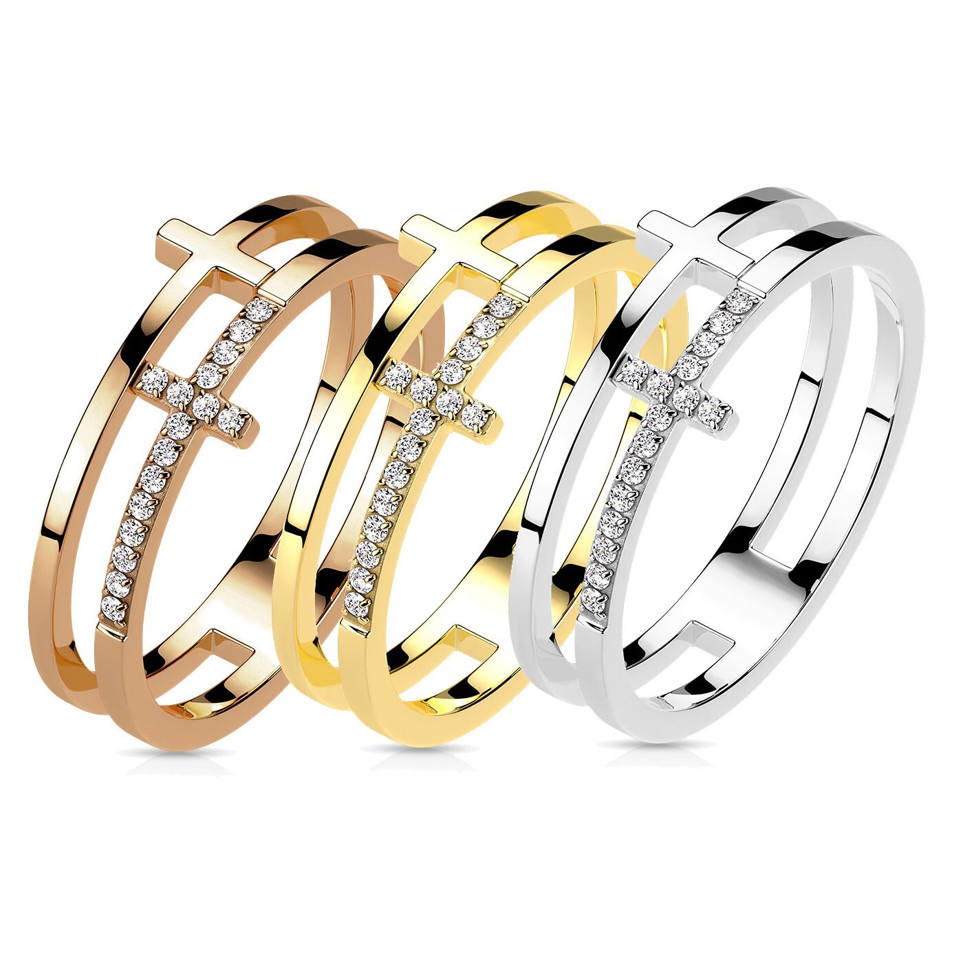 Stainless Steel Split CZ Cross Ring Choose Silver, Gold/Rose Gold Plated