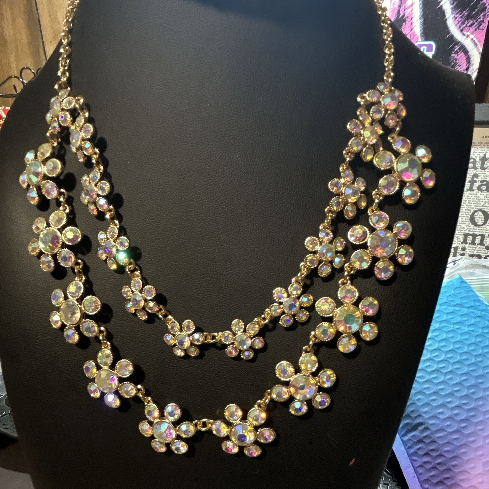 MONET Gold Tone AB Crystal Flower Bib Statement Necklace Adjustable Chain