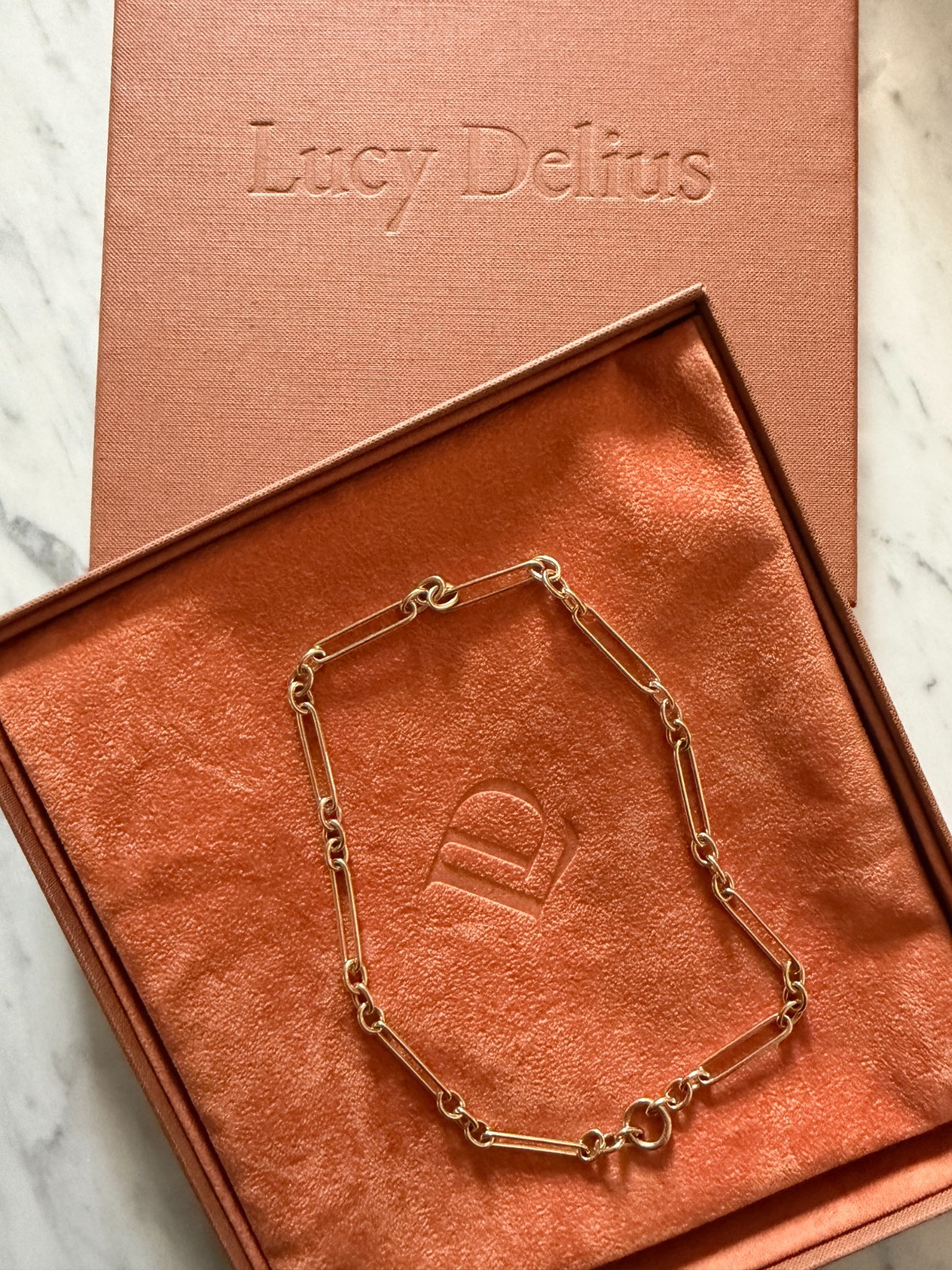 Lucy Delius 14k Yellow Gold Trombone Link Chain Necklace Front Clasp 45cm 27g