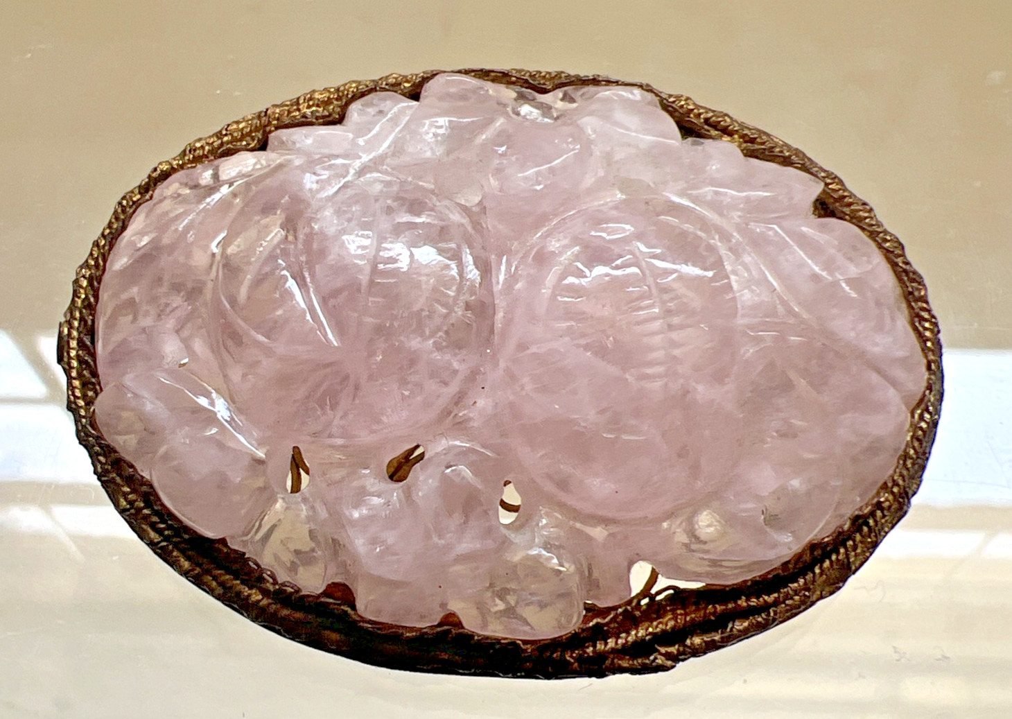 Antique Rose Quartz Deco Carved Silver Gilt Brooch