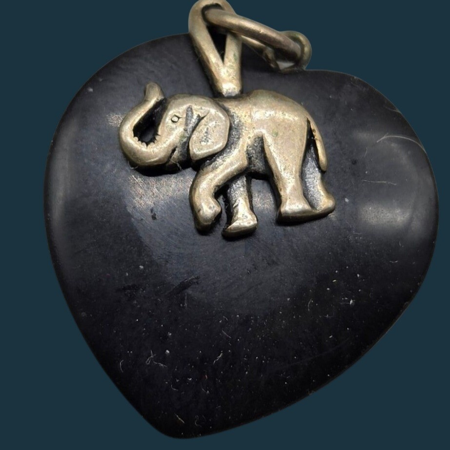 Vintage 1997 AICC Sterling Silver Lucky Elephant Pendant Black Onyx Heart 925
